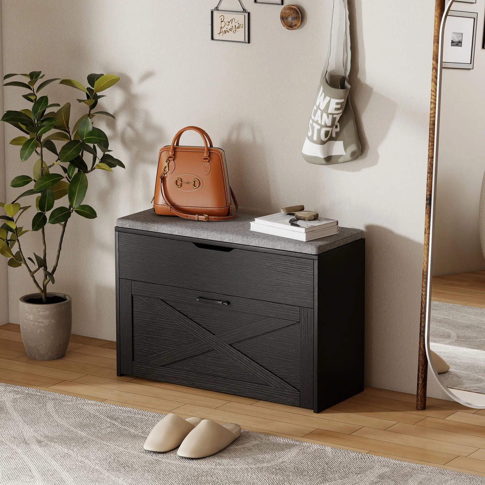 Shoe Storage Bench with Flip Drawer, Lift Top, Seat Cushion, Black Shoe Storage Cabinets & Racks at Gallery Canada