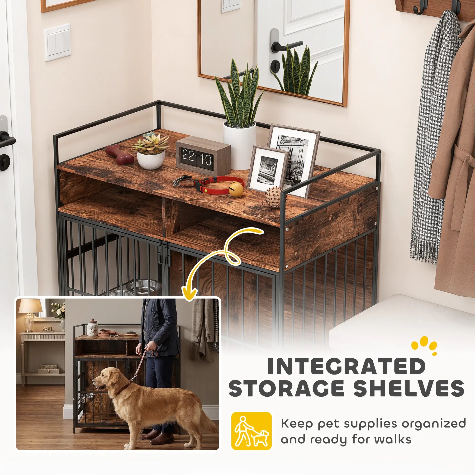Dog Crate Furniture With Rotating Feeding Station, Rustic Brown Dog Cages & Crates at Gallery Canada