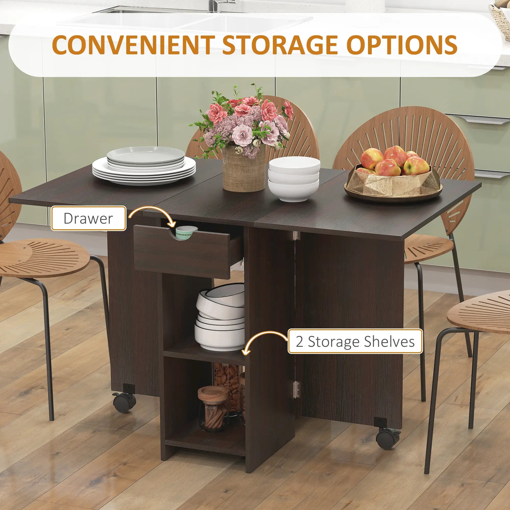 Folding Dining Table, Drop Leaf with Drawer, Storage Shelves, Dark Brown Dining Tables at Gallery Canada