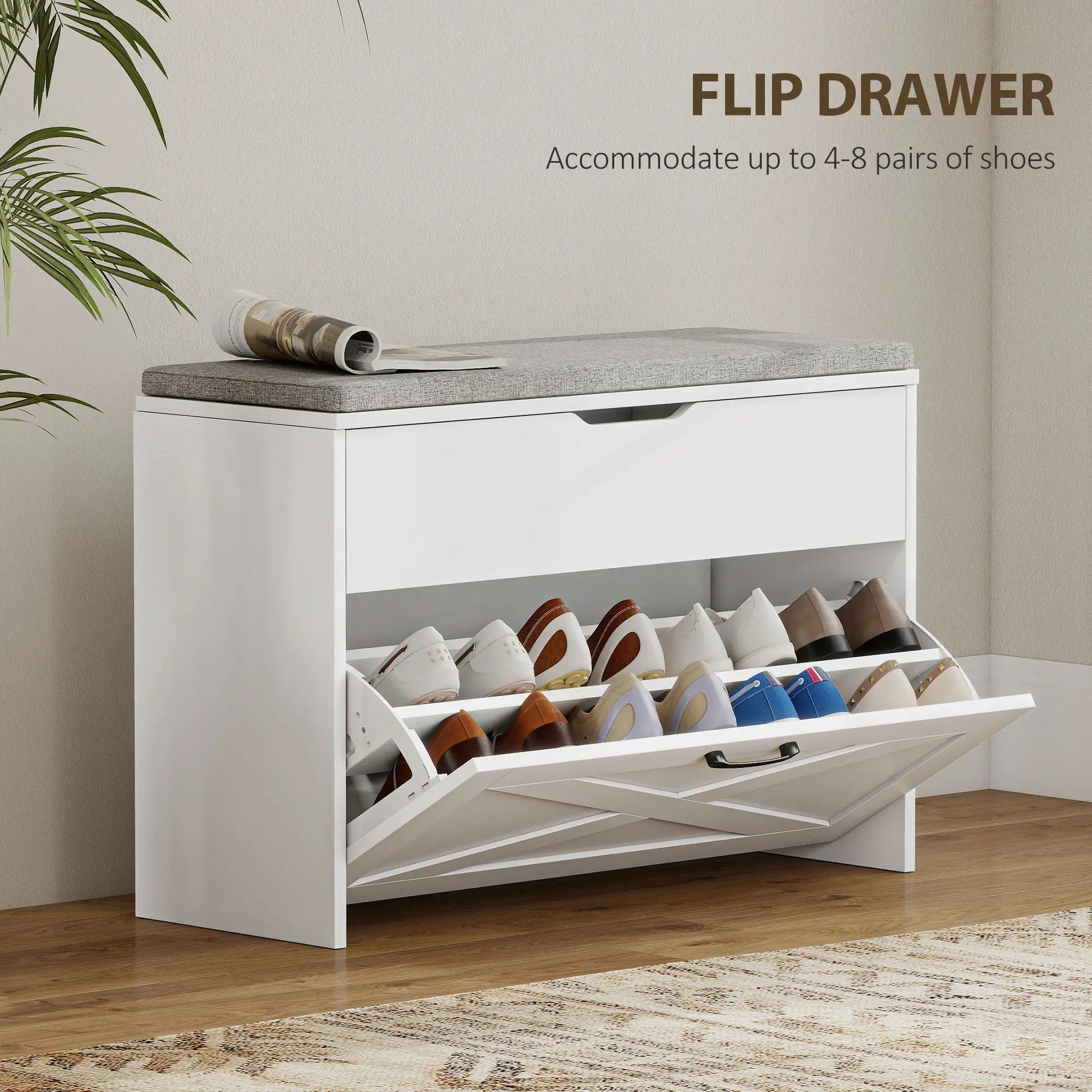 Shoe Storage Bench with Flip Drawer, Lift Top, Seat Cushion, White Shoe Storage Cabinets & Racks at Gallery Canada