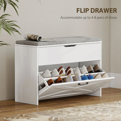 Shoe Storage Bench with Flip Drawer, Lift Top, Seat Cushion, White Shoe Storage Cabinets & Racks at Gallery Canada