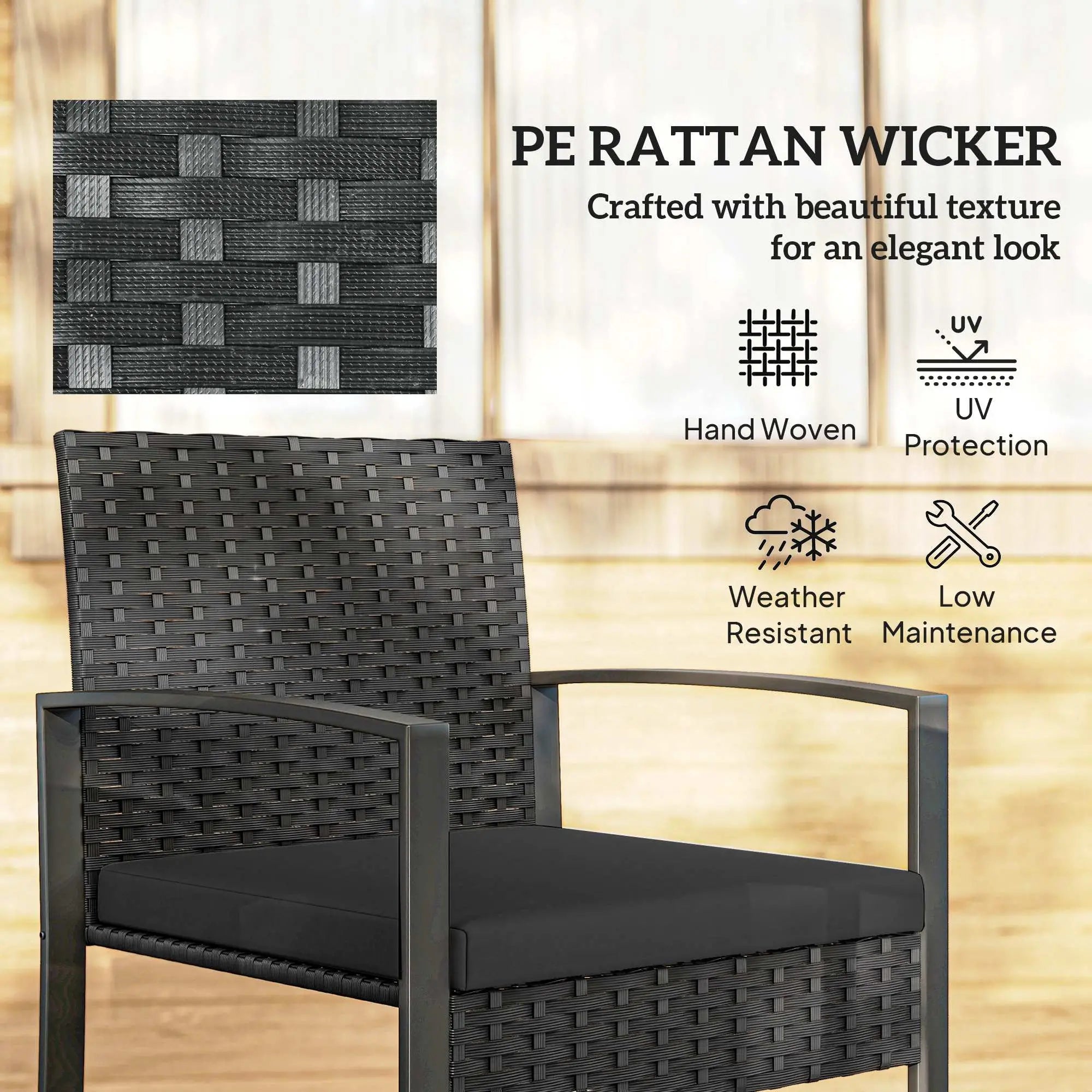 3 Piece Wicker Patio Set, Glass Top Table With Cushions, Black Bistro Sets at Gallery Canada