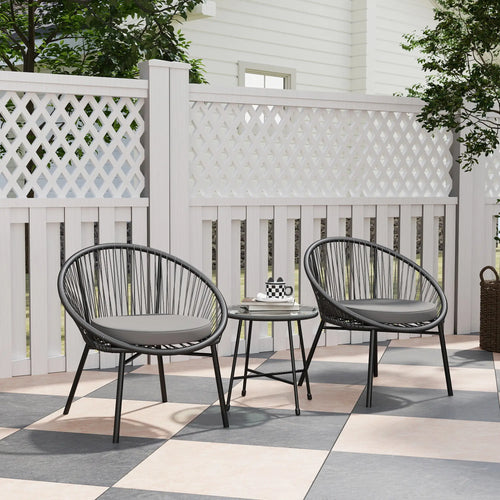 3-Piece Wicker Patio Set, Soft Cushions, Glass Tabletop, Black