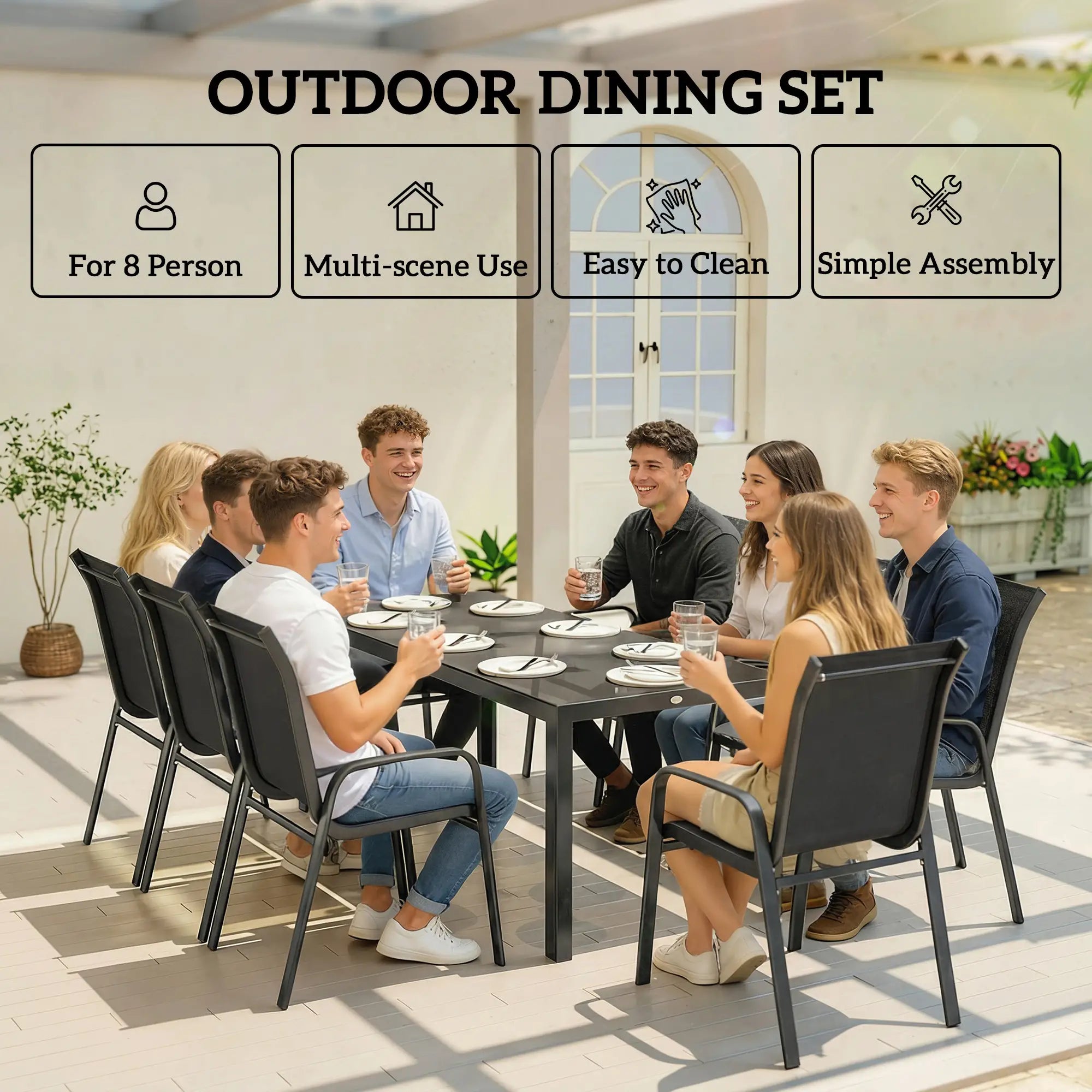 9 Piece Patio Set, Stackable Chairs, Glass Top, Black Outdoor Dining Sets at Gallery Canada