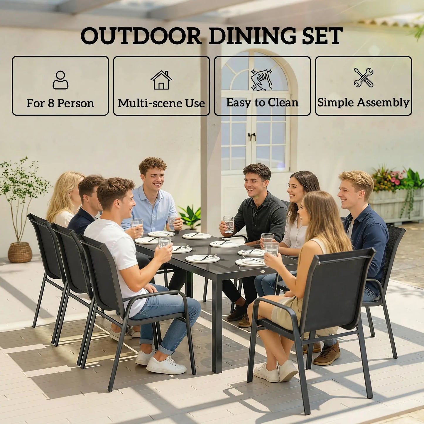 9 Piece Patio Set, Stackable Chairs, Glass Top, Black Outdoor Dining Sets at Gallery Canada