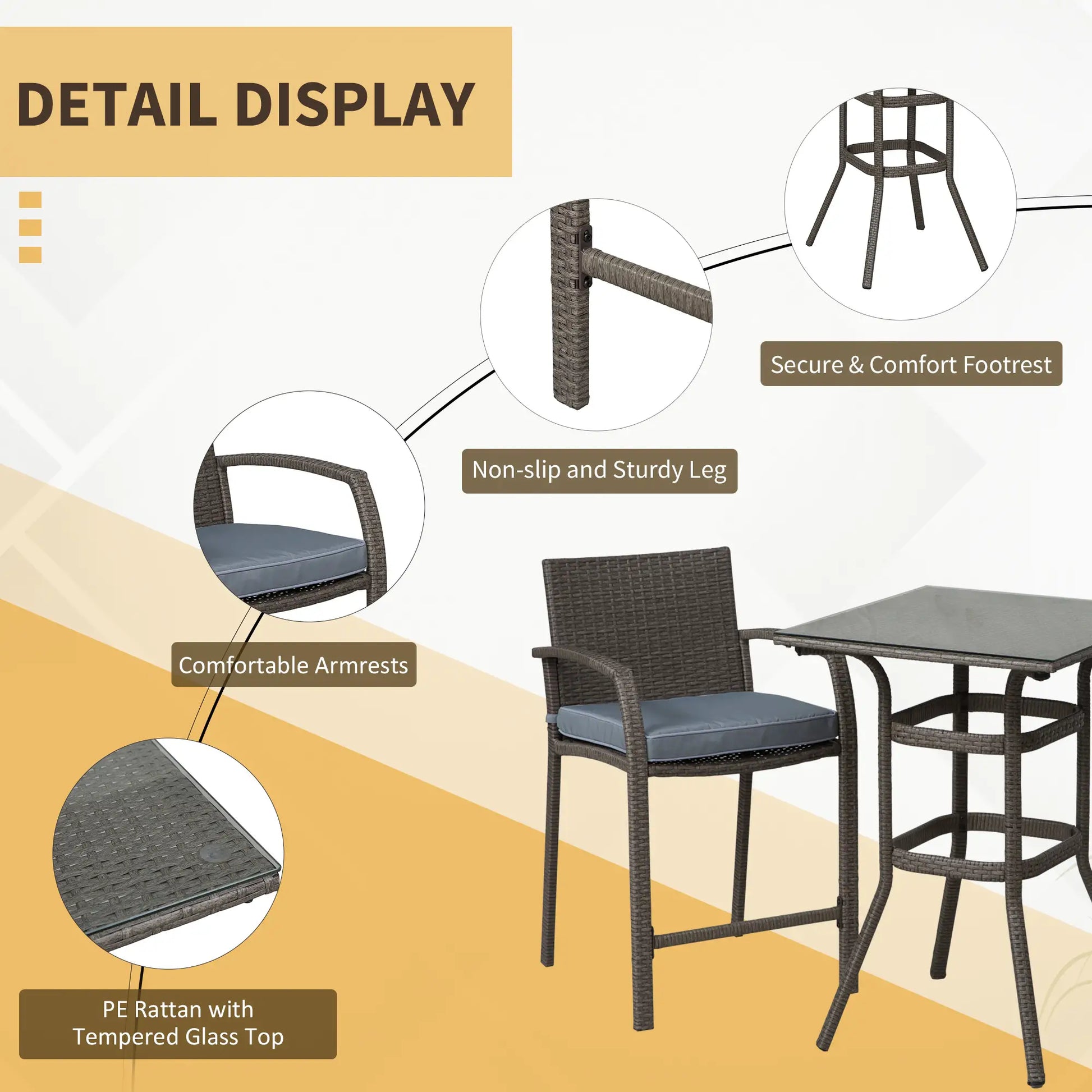 3-Piece Patio Bar Set, Wicker Bistro, PE Rattan Table and Stools, Grey Bistro Sets at Gallery Canada