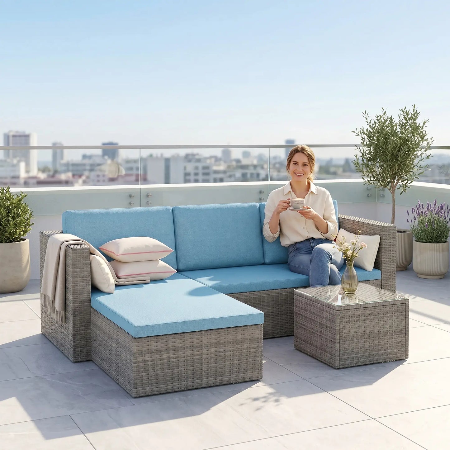 3-Piece Patio Set, Modern Sectional Sofa, Wicker Chair, Blue Patio Furniture Sets at Gallery Canada