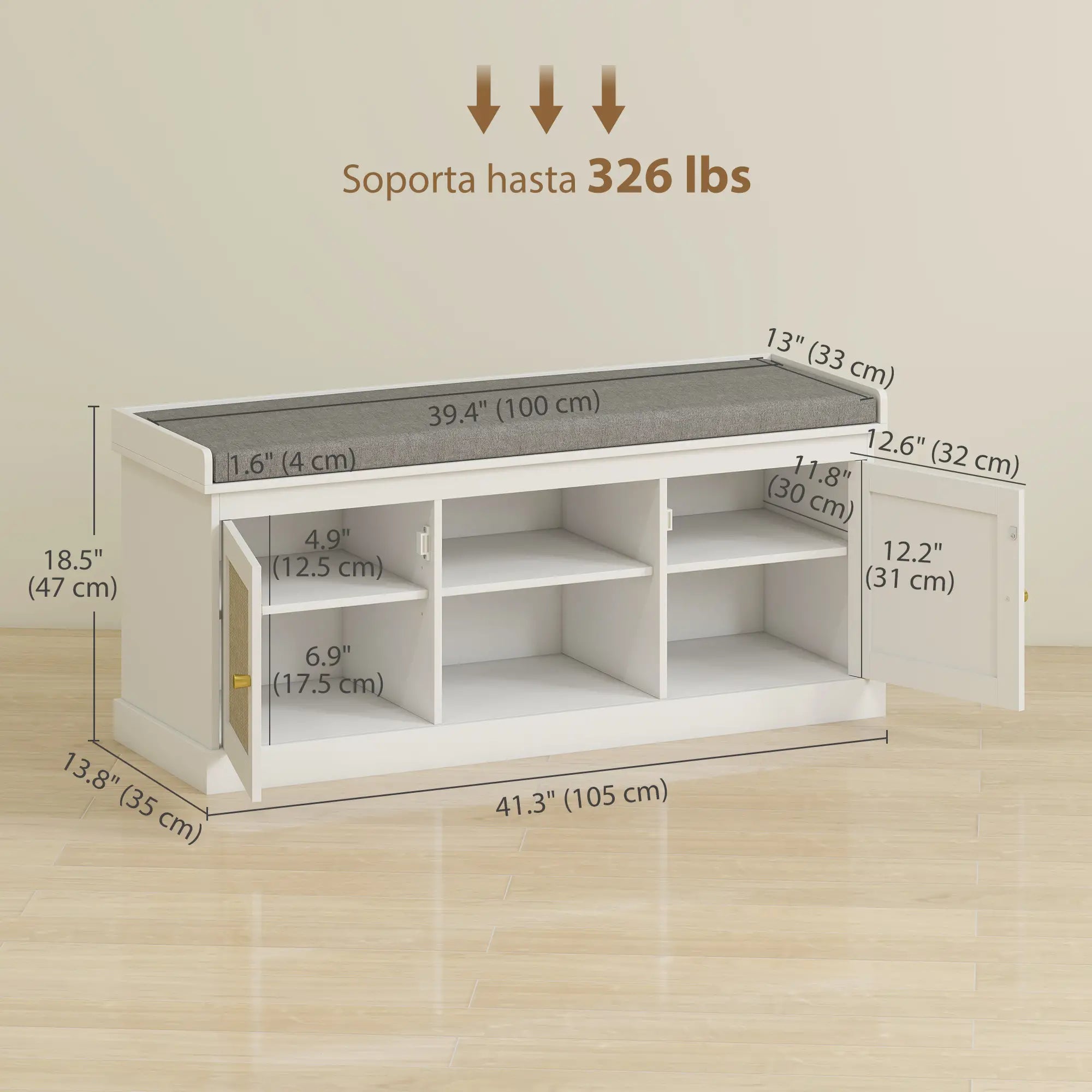 Shoe Bench with Padded Cushion, Boho Entryway, Rattan Doors, Adjustable Shelves, White Shoe Storage Cabinets & Racks at Gallery Canada