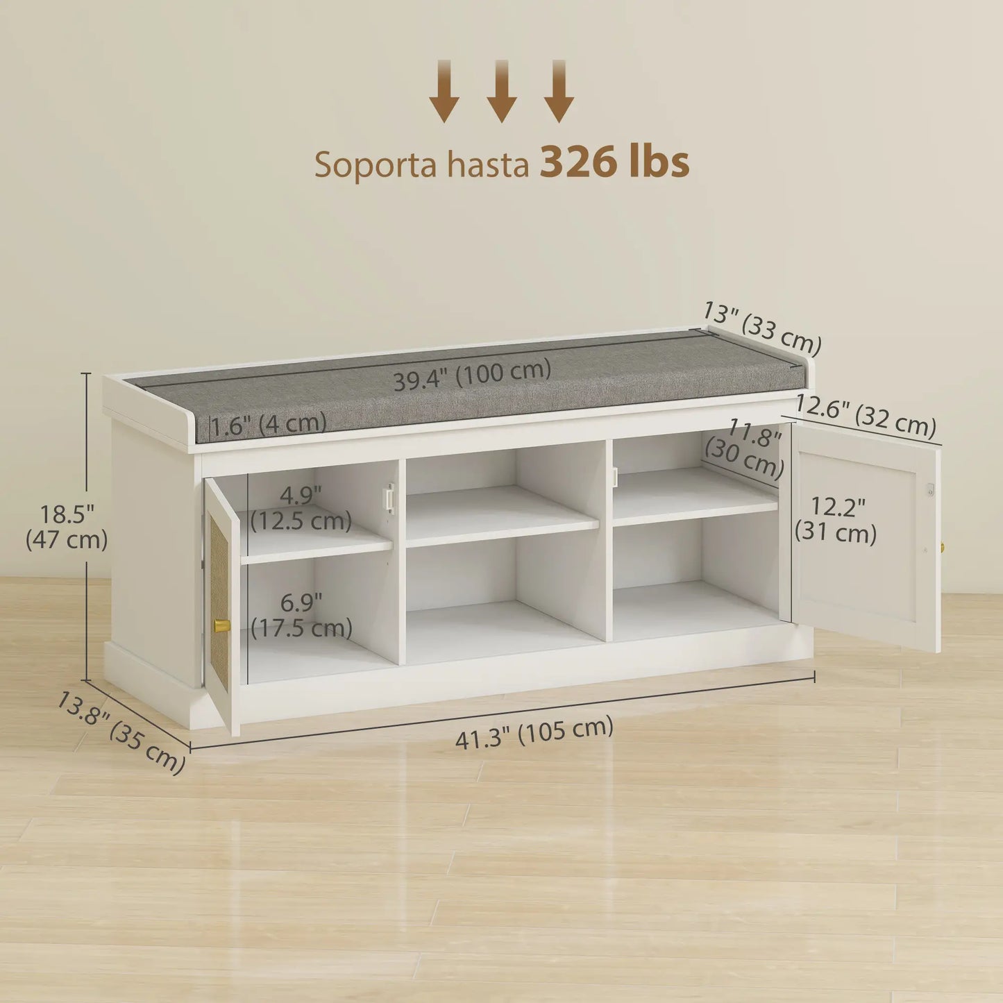 Shoe Bench with Padded Cushion, Boho Entryway, Rattan Doors, Adjustable Shelves, White Shoe Storage Cabinets & Racks at Gallery Canada