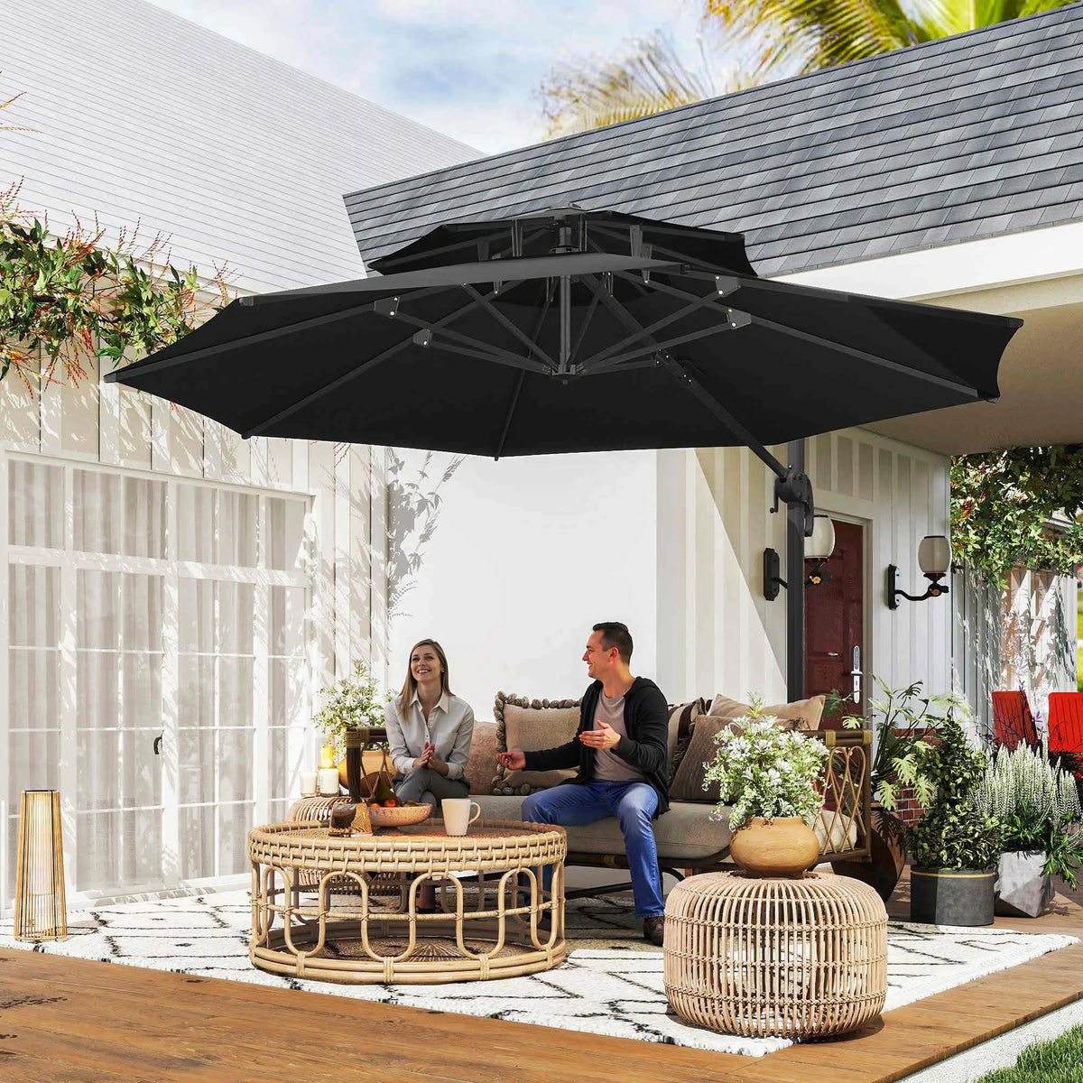 11ft Outdoor Cantilever Umbrella, Adjustable Angle, Double-Top Canopy, Dark Grey Cantilever Umbrellas at Gallery Canada