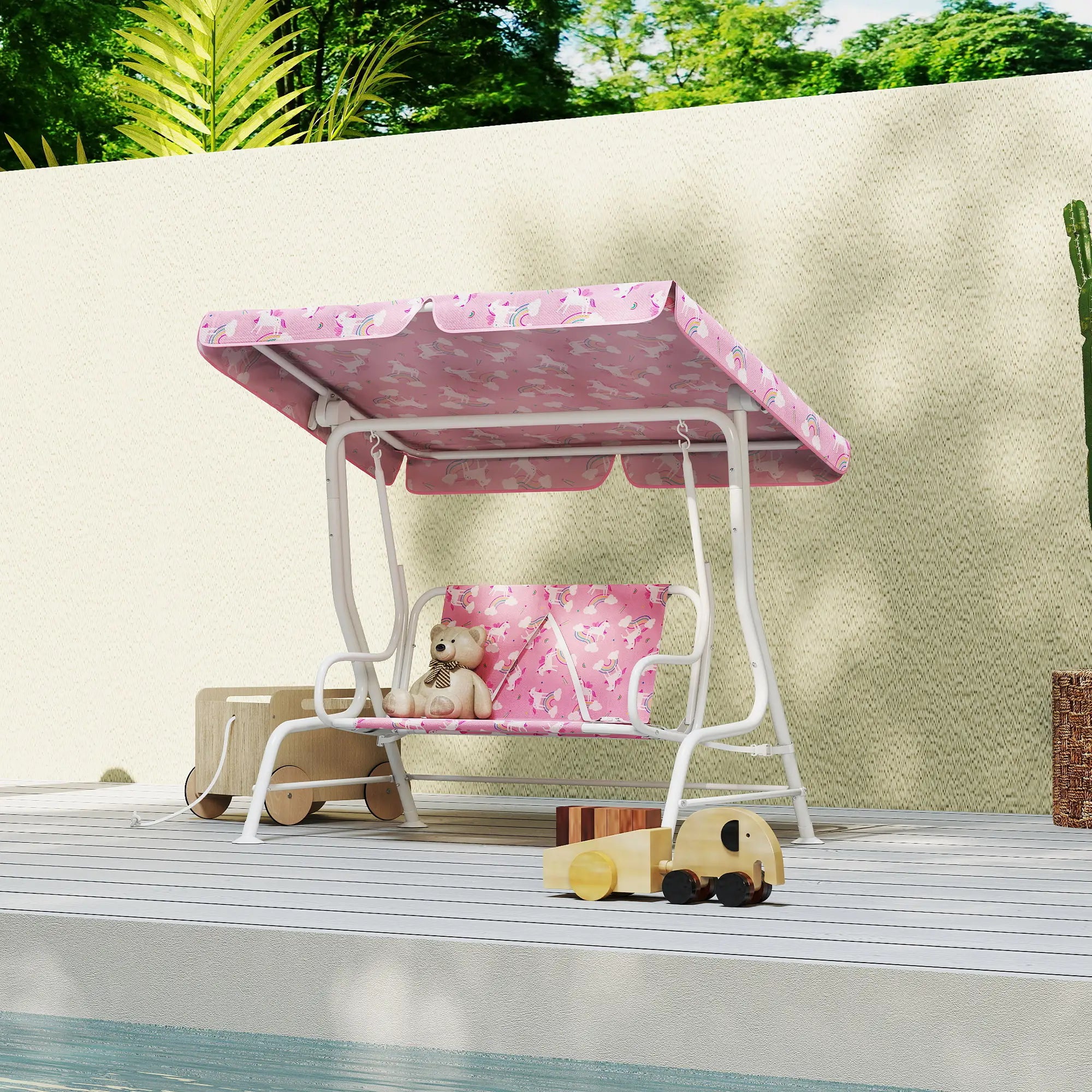 Kids Porch Swing, 2-Seater Bench With Safety Belts, Adjustable Canopy, Pink Gym Sets & Swings at Gallery Canada