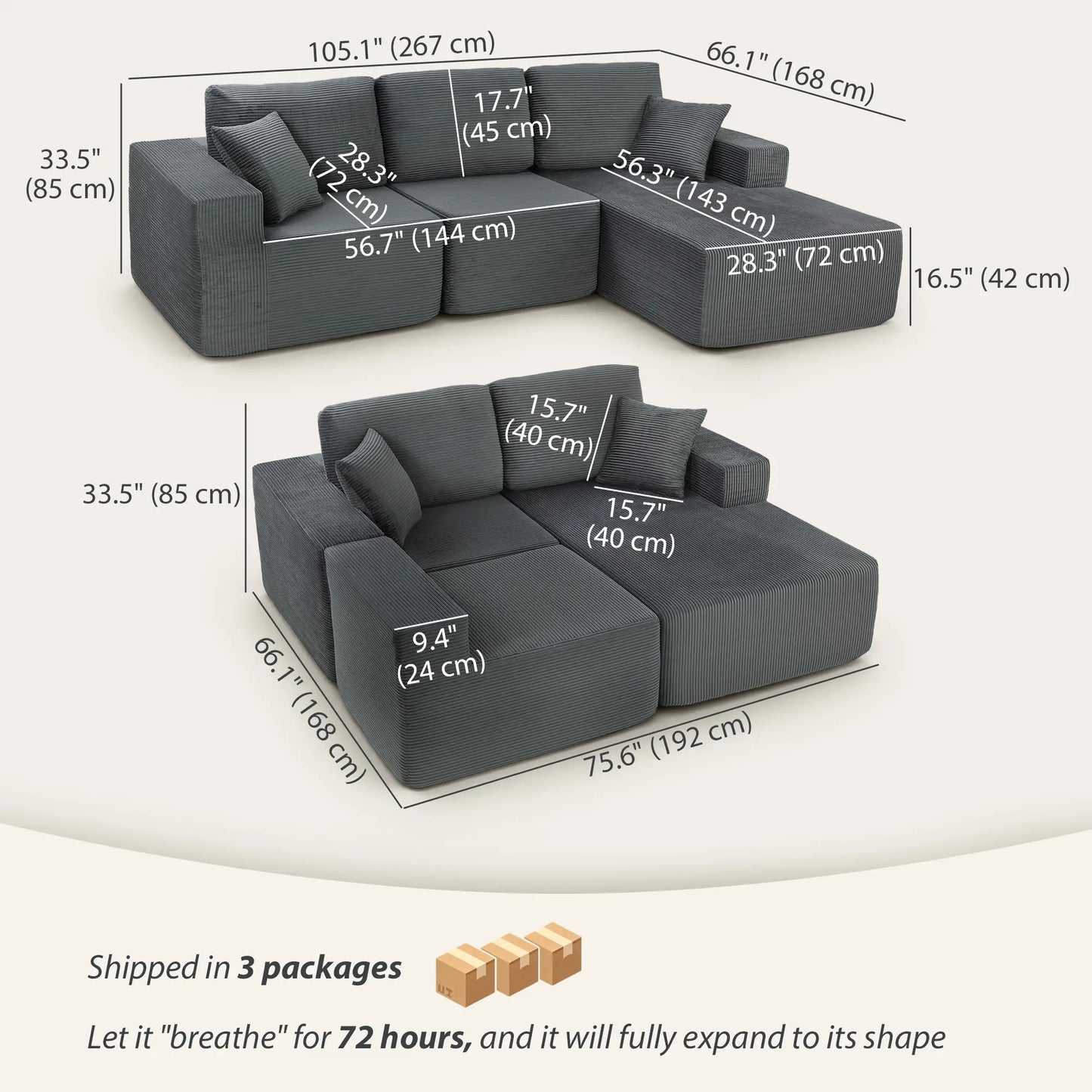 Modular Sectional Sofa Bed, L Shaped Couch, Dark Grey 3-Seater Sofas at Gallery Canada