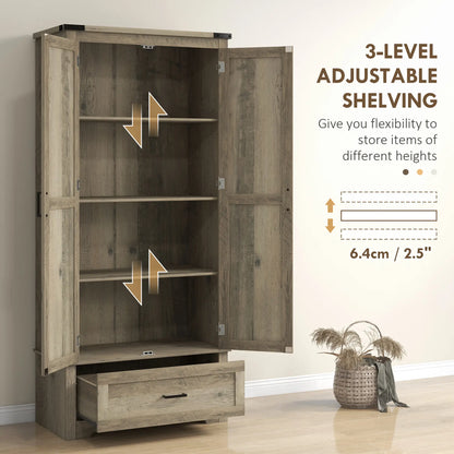 69" Tall Farmhouse Kitchen Pantry, 2 Doors, Drawer, Adjustable Shelves, Grey