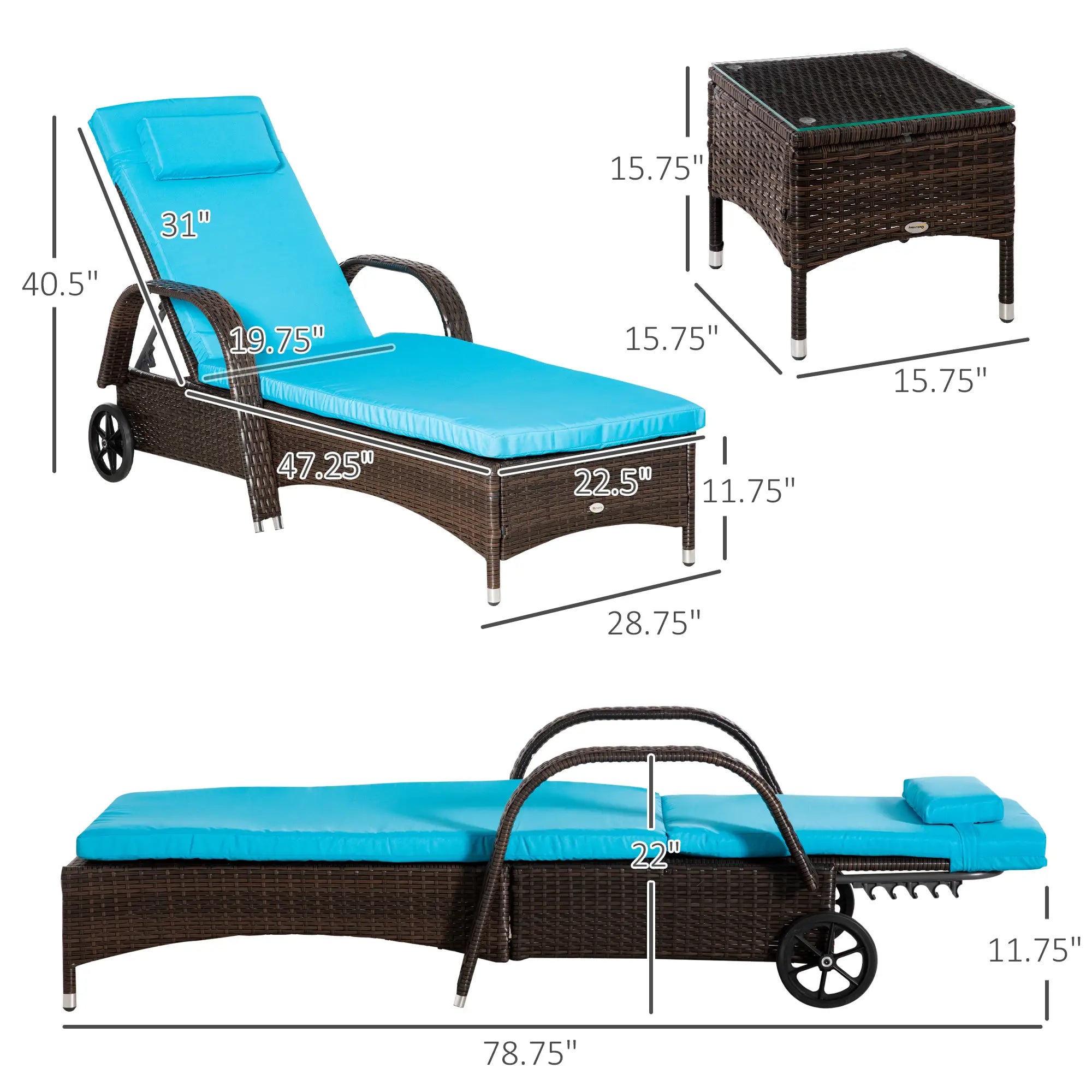 3-Piece Wicker Patio Lounger Set with Table, PE Rattan, Brown/Blue Chaise Loungers at Gallery Canada