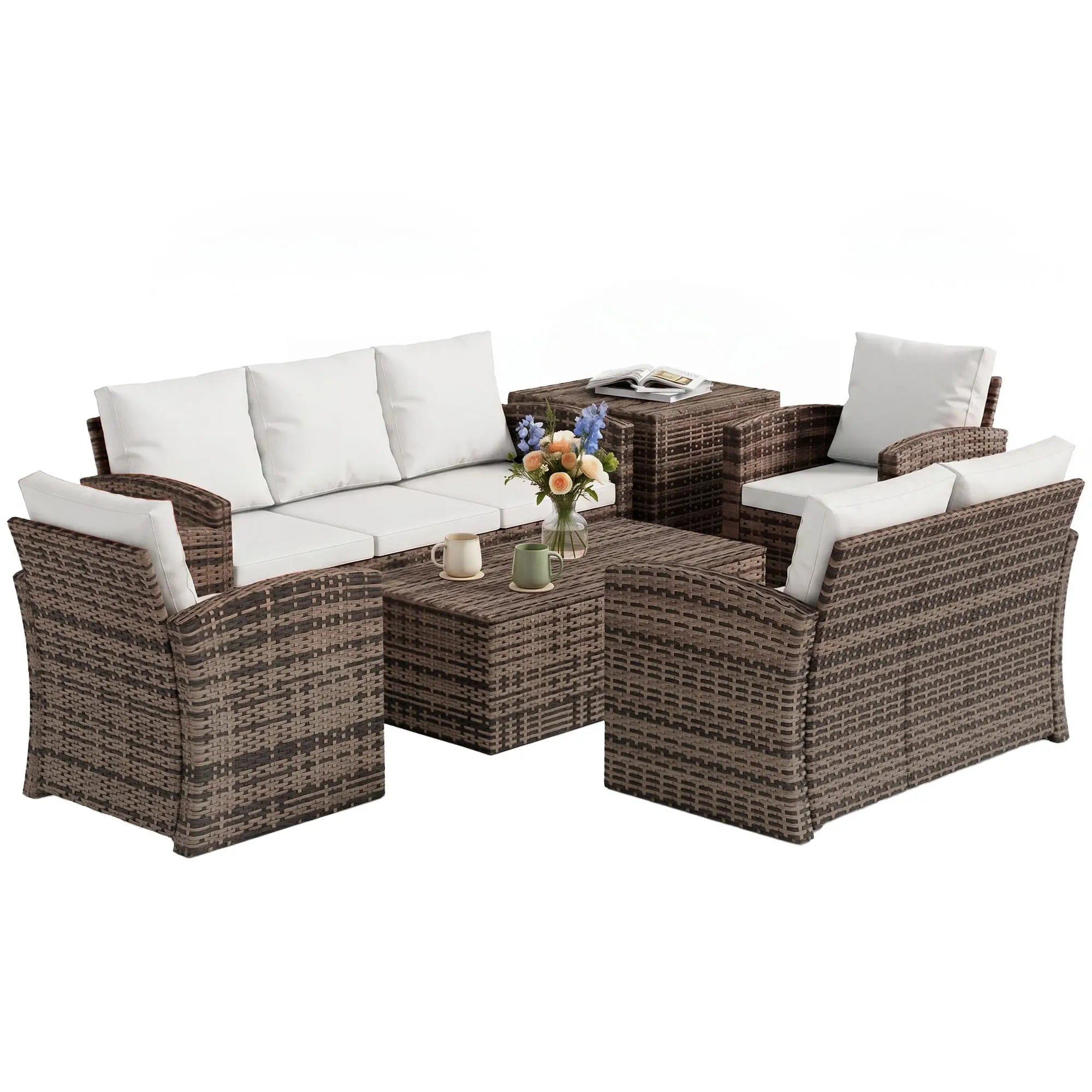 6-Piece Wicker Patio Furniture Set, 7-Seater with Cushions, Cream White Patio Furniture Sets at Gallery Canada