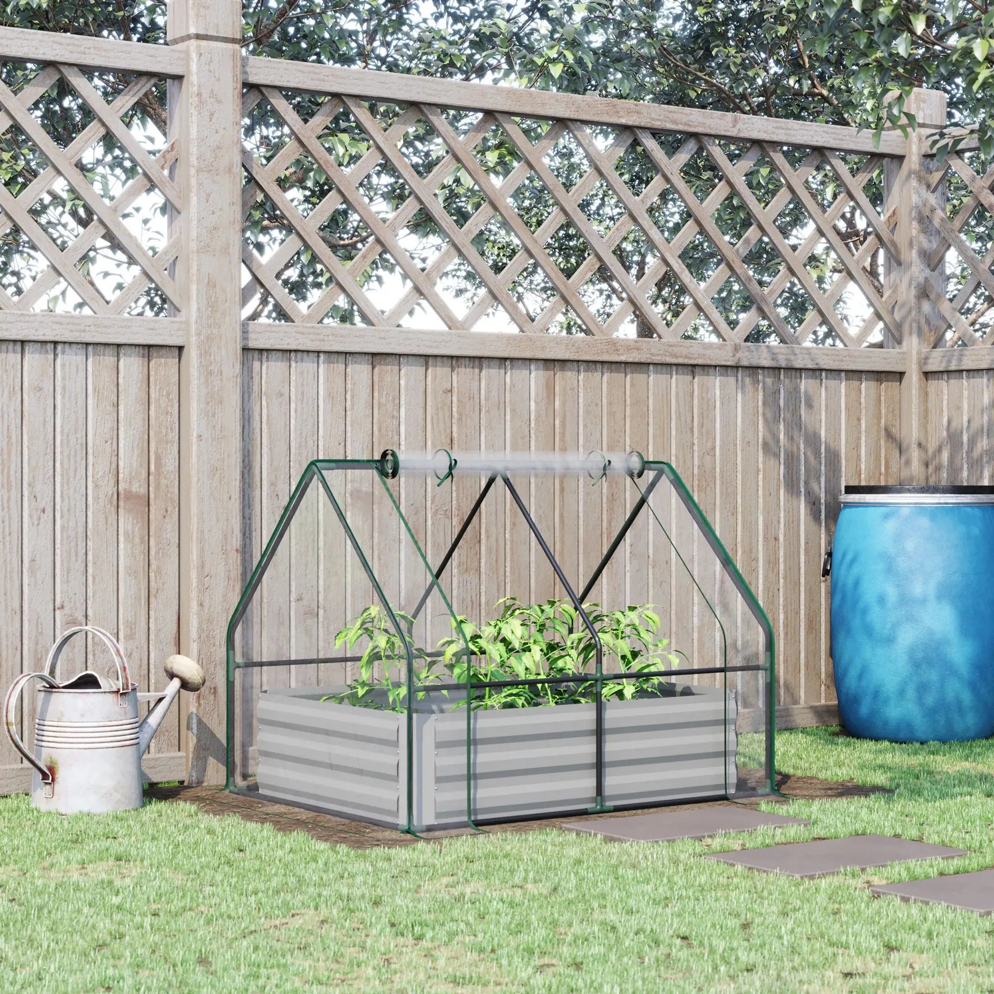 Steel Outdoor Raised Garden Bed, Greenhouse Cover, Roll Up Door, 50