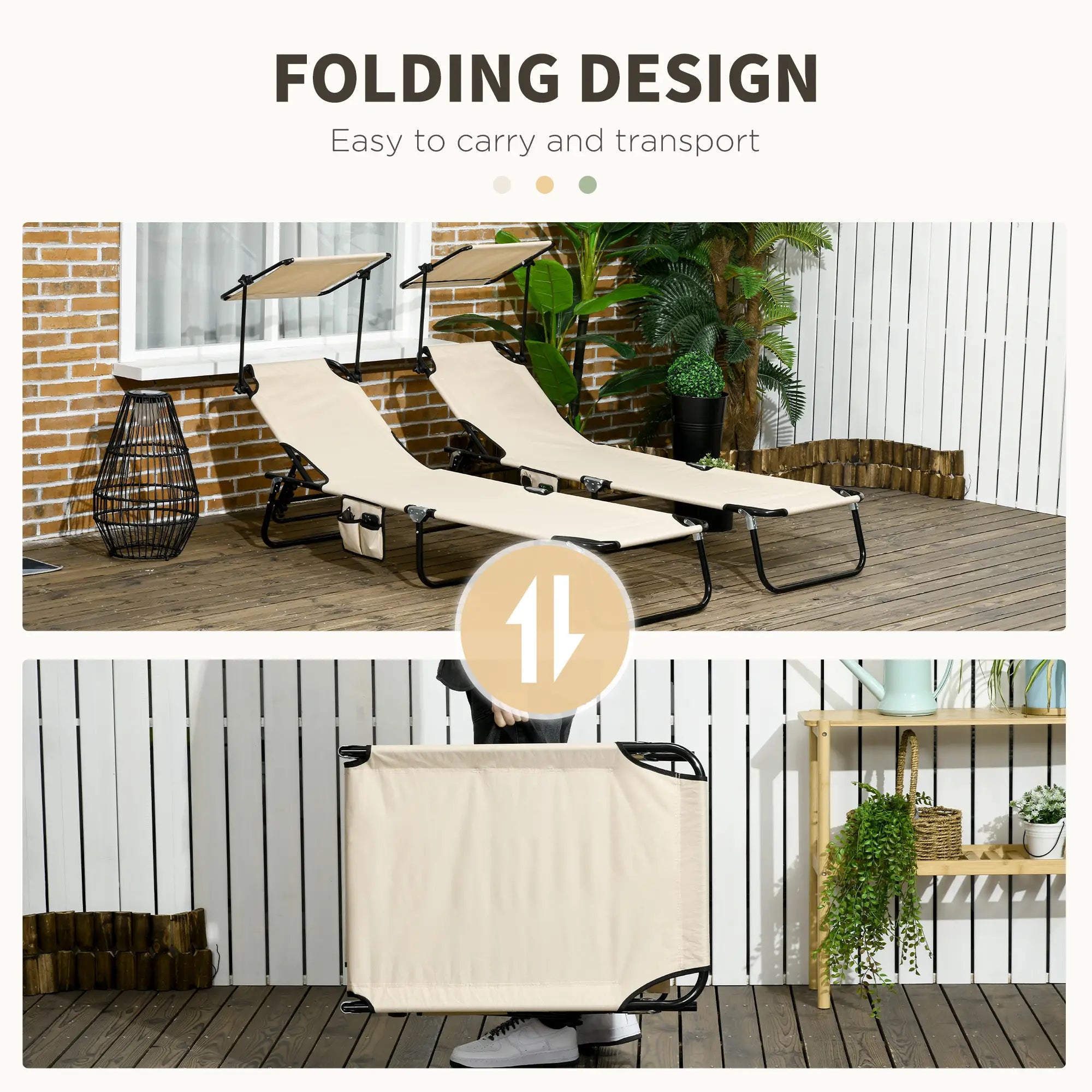 2 Piece Folding Chaise Lounges, Reclining Back, Sunshade, Pool, Beach, Patio Lounger Chairs at Gallery Canada