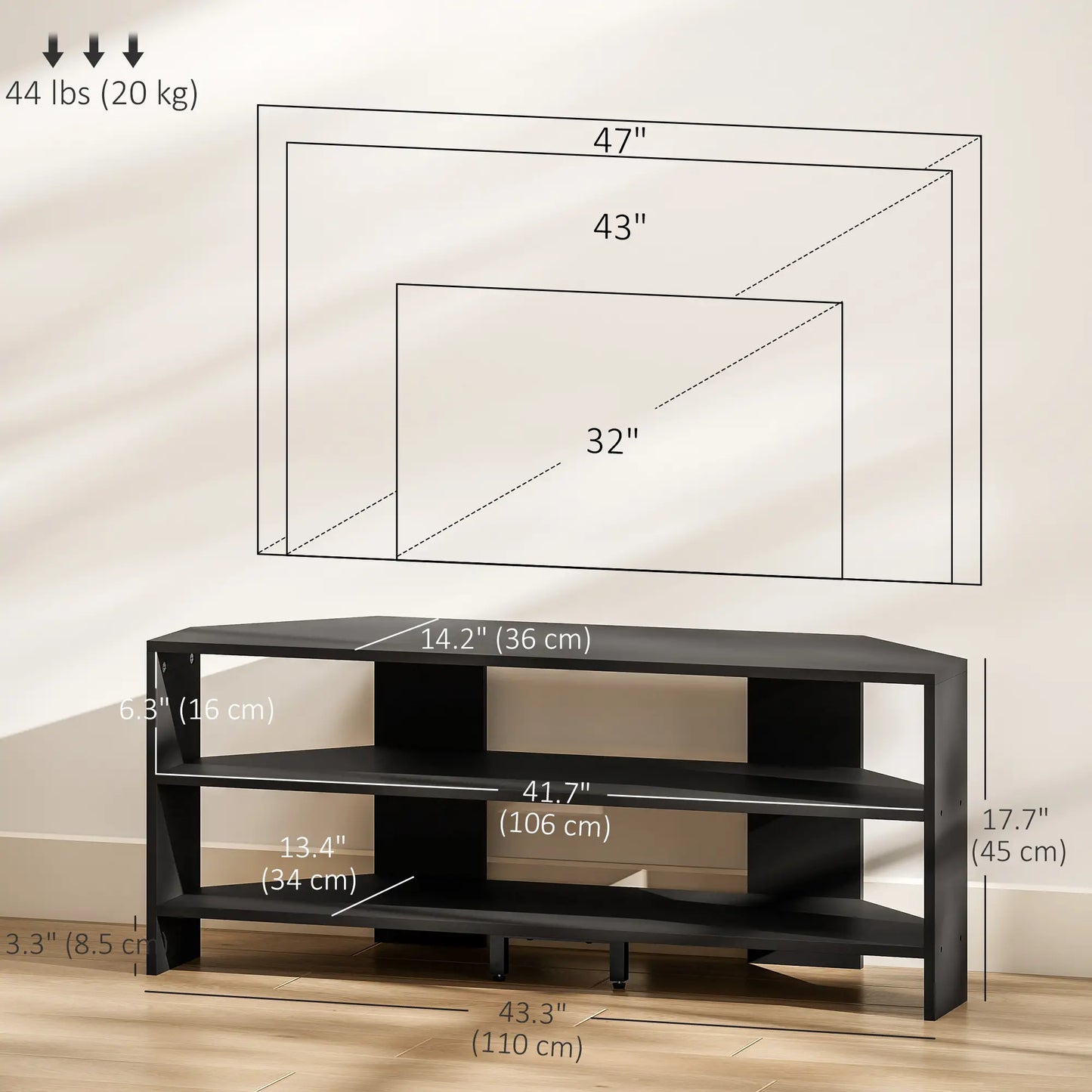 Corner TV Stand, 47 Inch, Modern Table With 2 Shelves, Black TV Stands at Gallery Canada