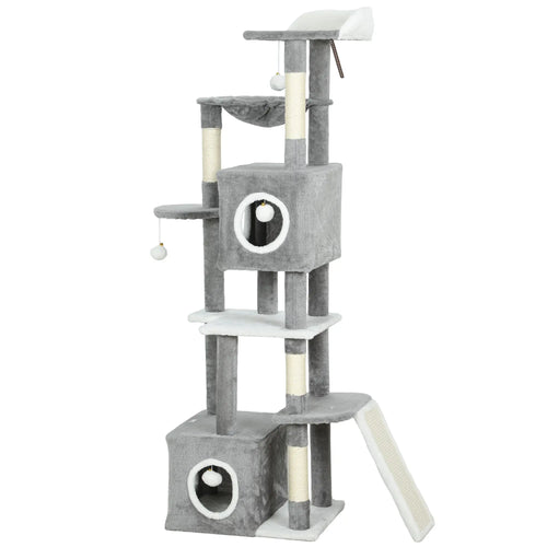 65 Inch Cat Tree, 2 Doors Condos, Plush Perch, Hammock, Grey