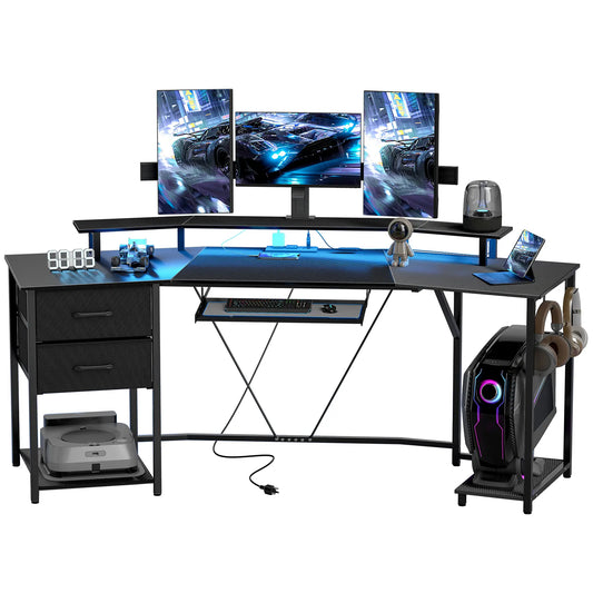79 Inch Gaming Desk With RGB Lights, Power Outlets, USB Ports, Keyboard Tray, 2 Drawers, Black Gaming Desks Black at Gallery Canada