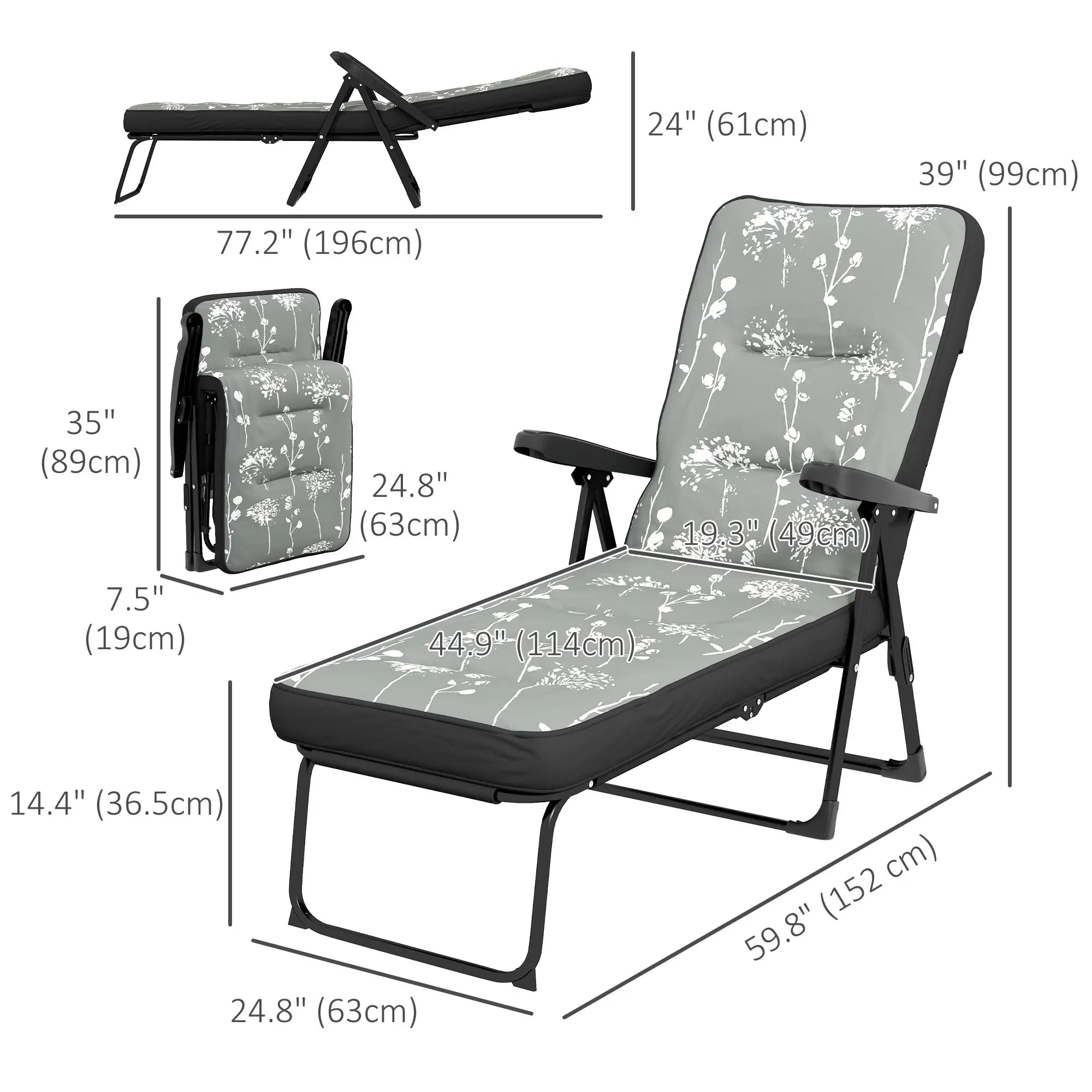 Outdoor Lounge Chair with Padded Cushion, Folding Reclining, Grey Lounger Chairs at Gallery Canada