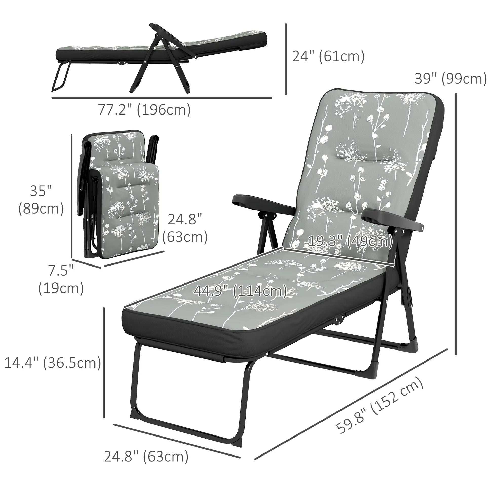 Outdoor Lounge Chair with Padded Cushion, Folding Reclining, Grey Lounger Chairs at Gallery Canada