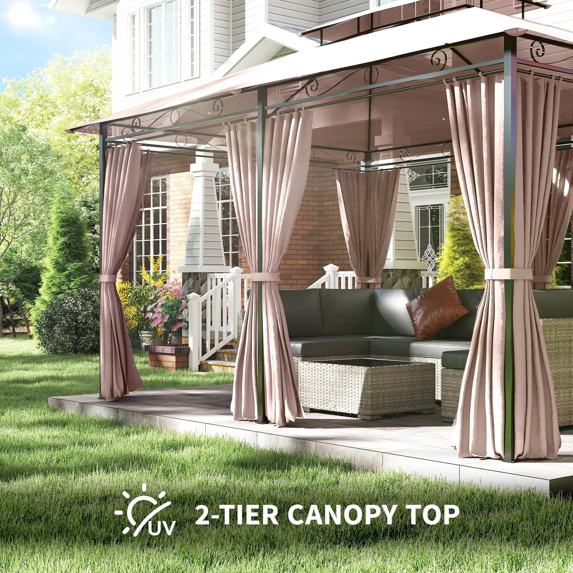 10' x 13' Patio Gazebo, Outdoor Garden Canopy with Curtains, Khaki Gazebos at Gallery Canada