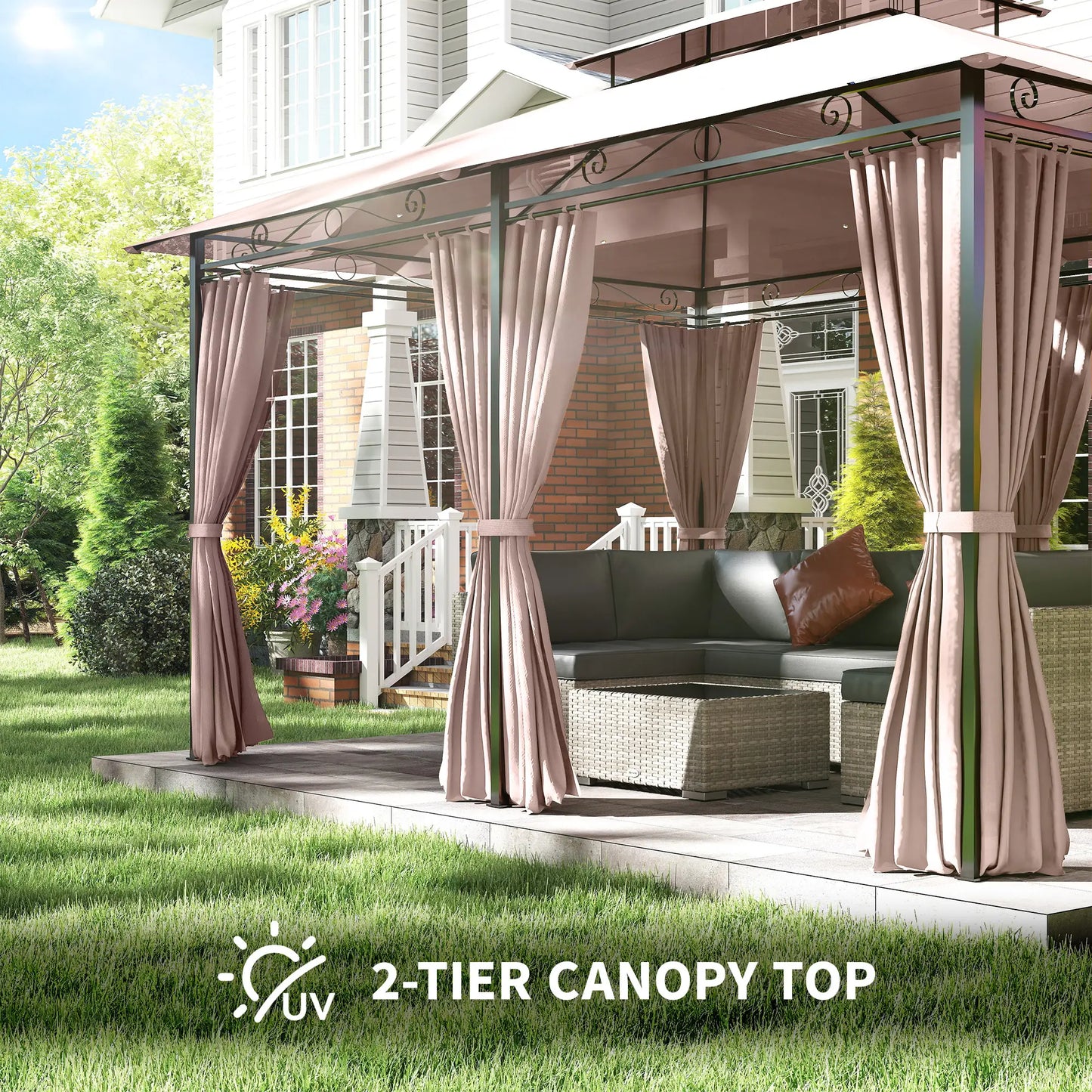 10' x 13' Patio Gazebo, Outdoor Garden Canopy with Curtains, Khaki Gazebos at Gallery Canada