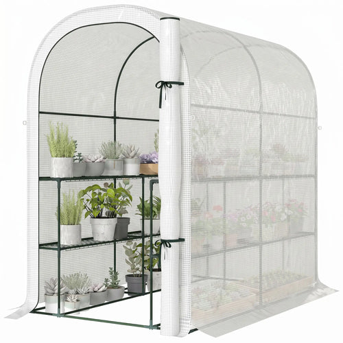 Walk-in Mini Greenhouse With Shelves, Portable Outdoor, 123 x 187 x 189 cm, White