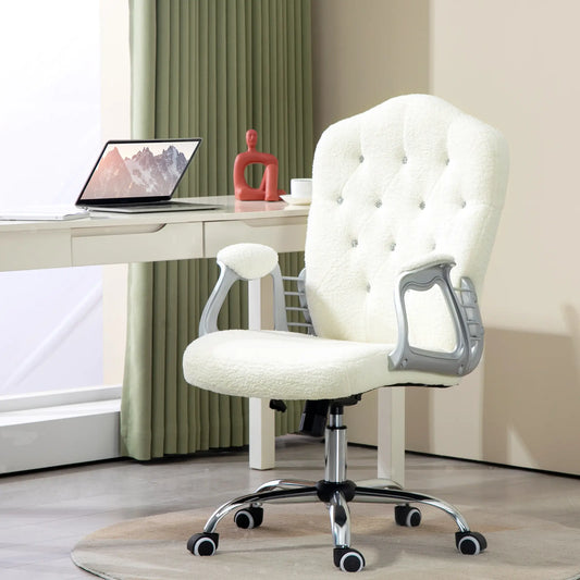 Teddy Fleece Computer Chair, Button Tufted, Swivel Wheels, Adjustable Height, White Executive & Manager Chairs White at Gallery Canada