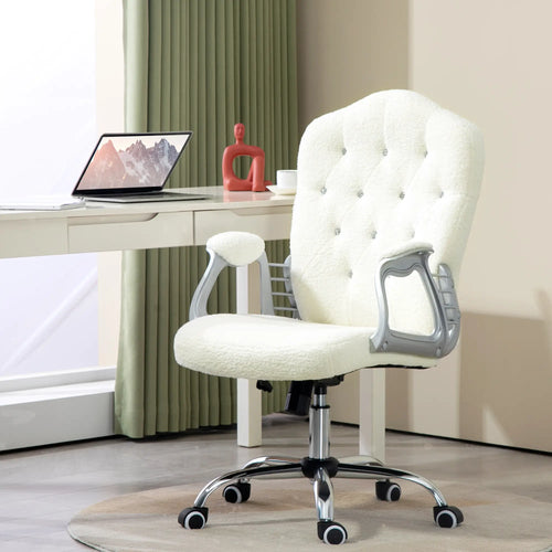 Teddy Fleece Computer Chair, Button Tufted, Swivel Wheels, Adjustable Height, White