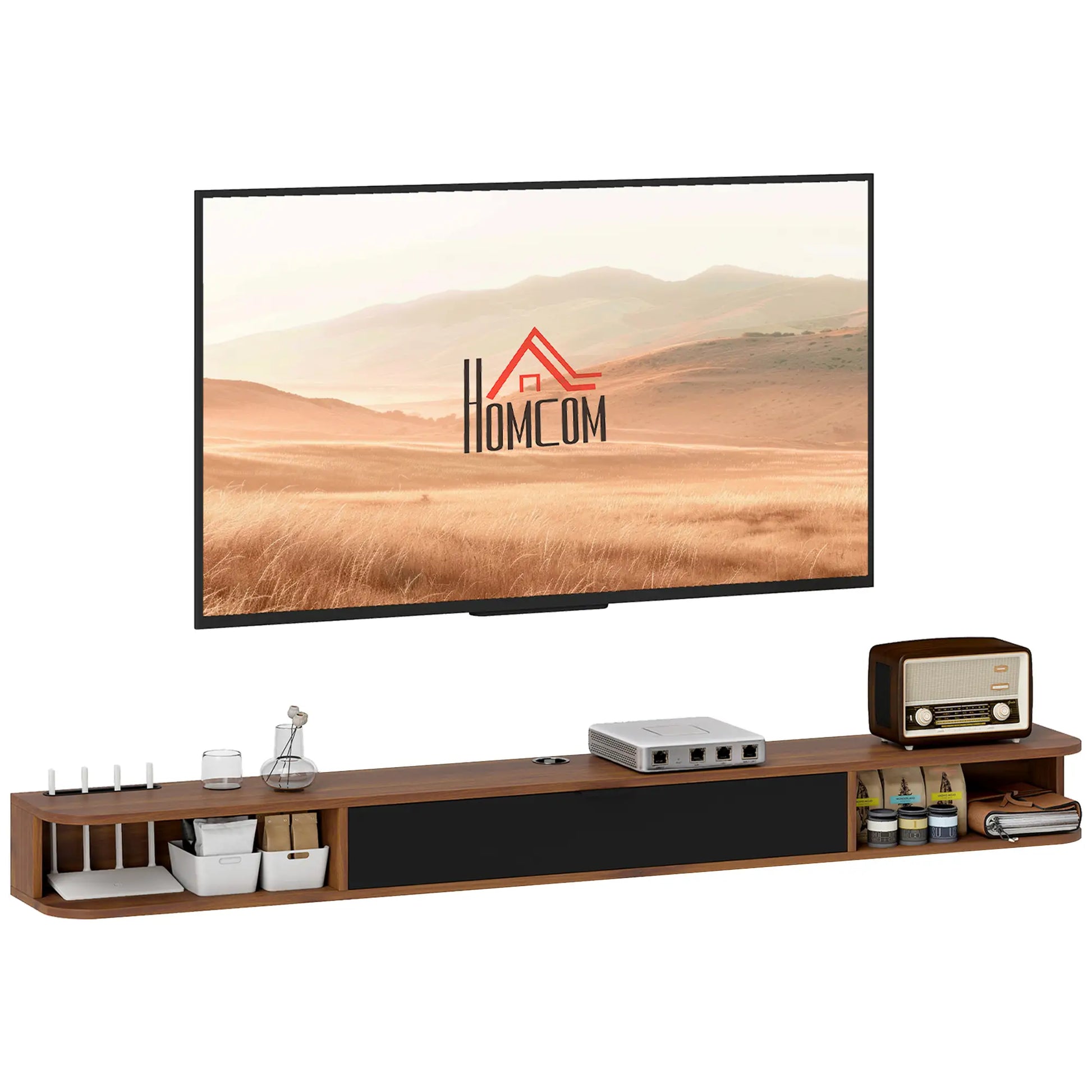 71" Floating TV Stand, Wall Mounted Media Console, Flip Drawer, 2 Open Shelves, Walnut TV Stands at Gallery Canada