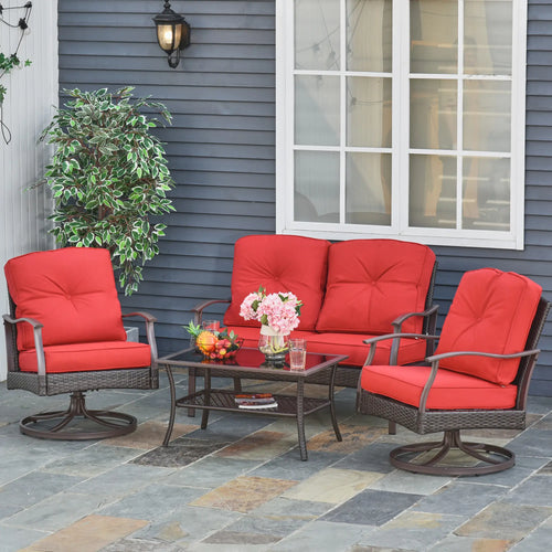 4 PCS PE Rattan Wicker Sofa Set, Outdoor Conversation Furniture, Two Tier Tea Table, Cushions, Red