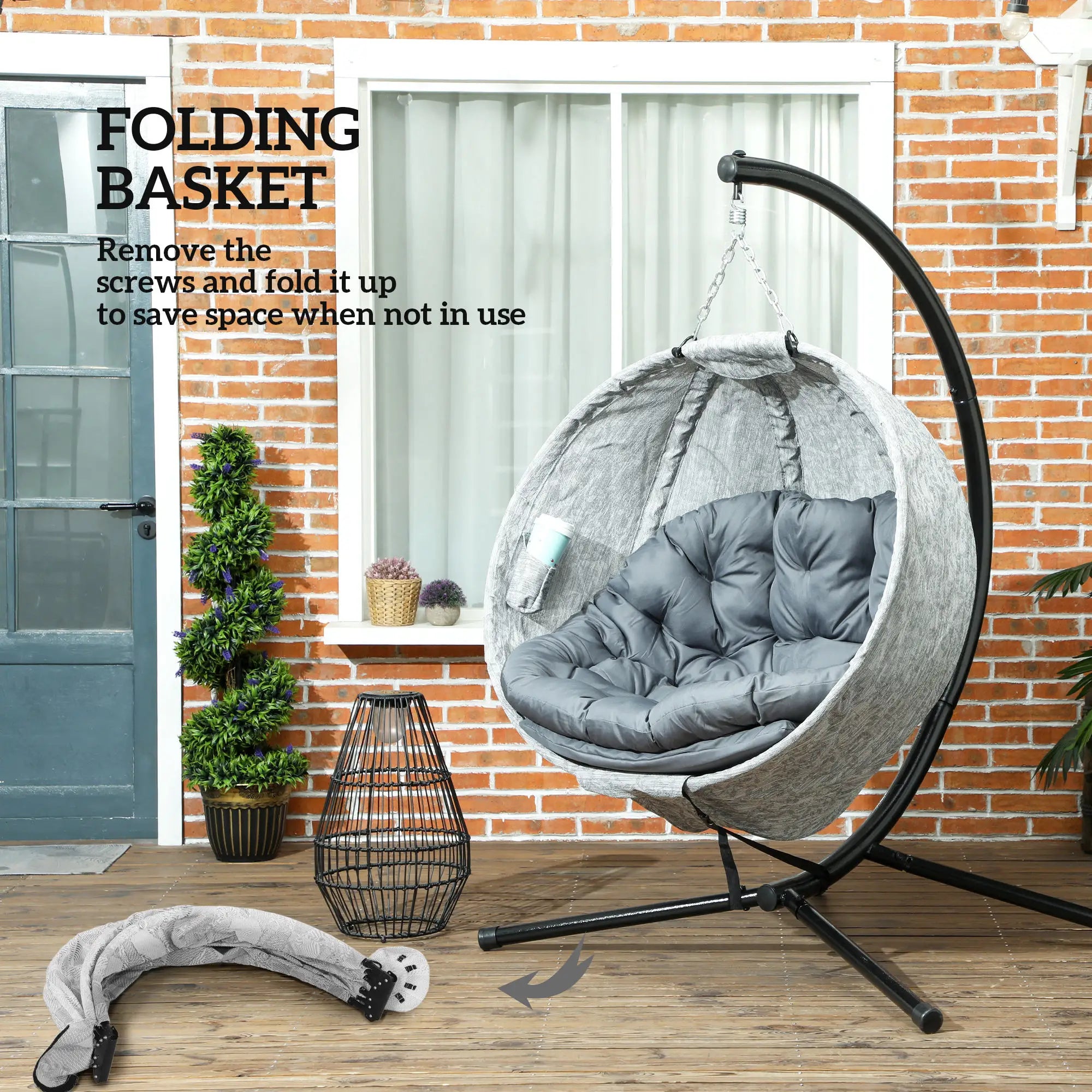Egg Chair, Folding Basket, Hanging Swing with Stand, Cushions, Grey Patio Swings with Stand at Gallery Canada