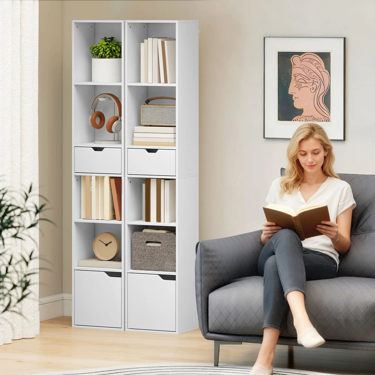 6-Tier Bookcase, Tall Narrow Bookshelf with Drawer and Door, White Display Bookshelves at Gallery Canada