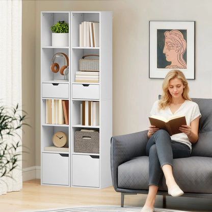 6-Tier Bookcase, Tall Narrow Bookshelf with Drawer and Door, White Display Bookshelves at Gallery Canada