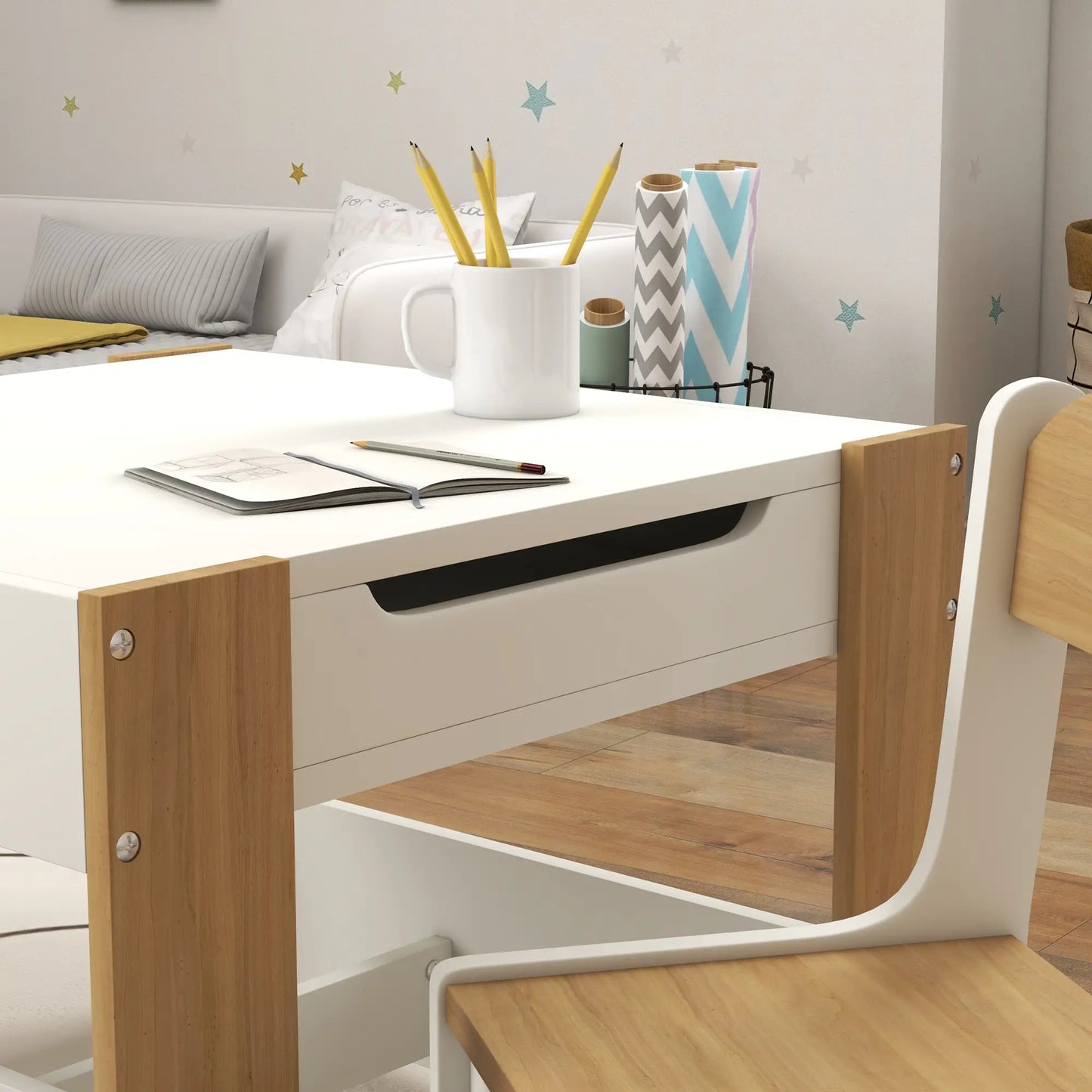 3 Piece Kids Table and Chair Set, Reversible Tabletop, Blackboard, Storage, Bookshelf, Natural Kids Table Sets at Gallery Canada
