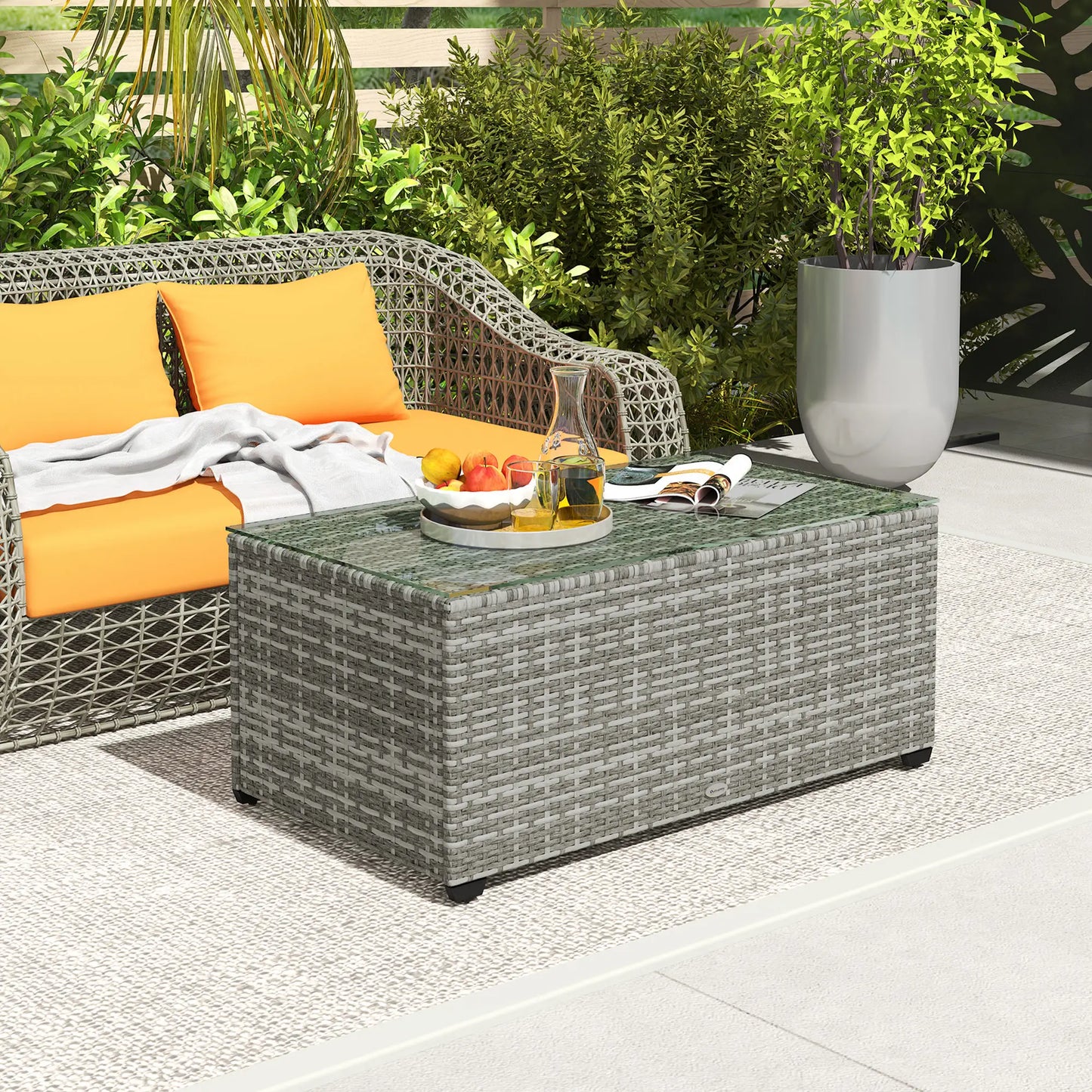PE Wicker Outdoor Coffee Table, Rectangular Patio Table With Tempered Glass Top, Light Grey Patio Side Tables at Gallery Canada
