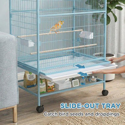 52'' Large Rolling Steel Bird Cage Bird House with Rolling Stand, Storage Shelf, Wood Perch, Food Container, Light Blue Bird Cages at Gallery Canada