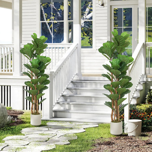 5FT Artificial Fiddle Leaf Fig Tree Set Of 2, Fake Potted Tree, Green