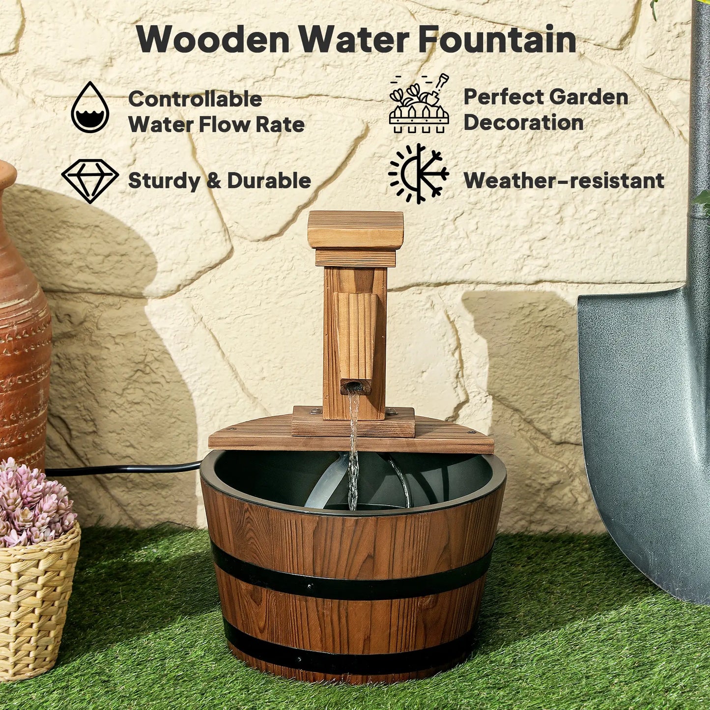 Outdoor Waterfall Fountain, Garden Wood Barrel, Carbonized Water Fountains at Gallery Canada