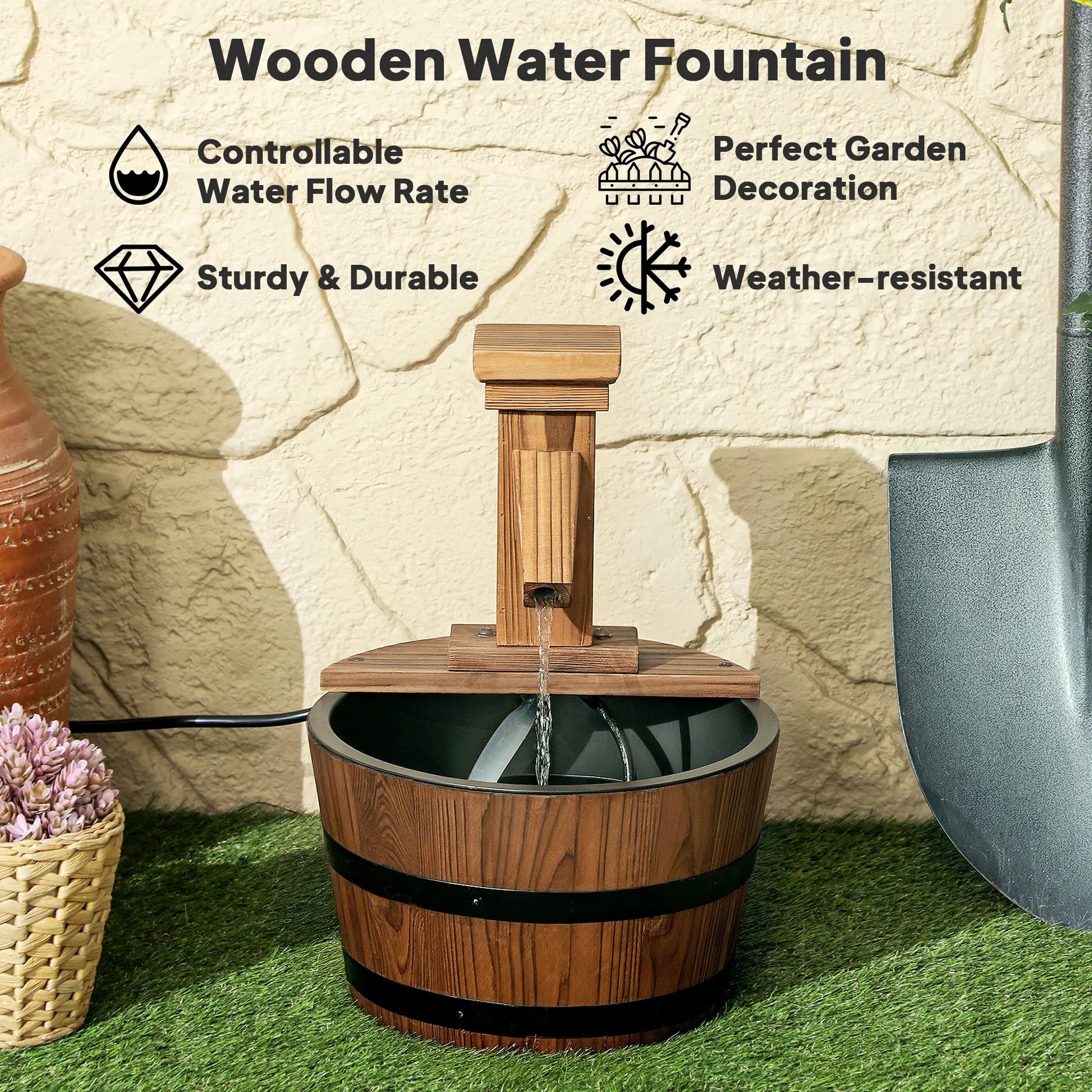 Outdoor Waterfall Fountain, Garden Wood Barrel, Carbonized Water Fountains at Gallery Canada