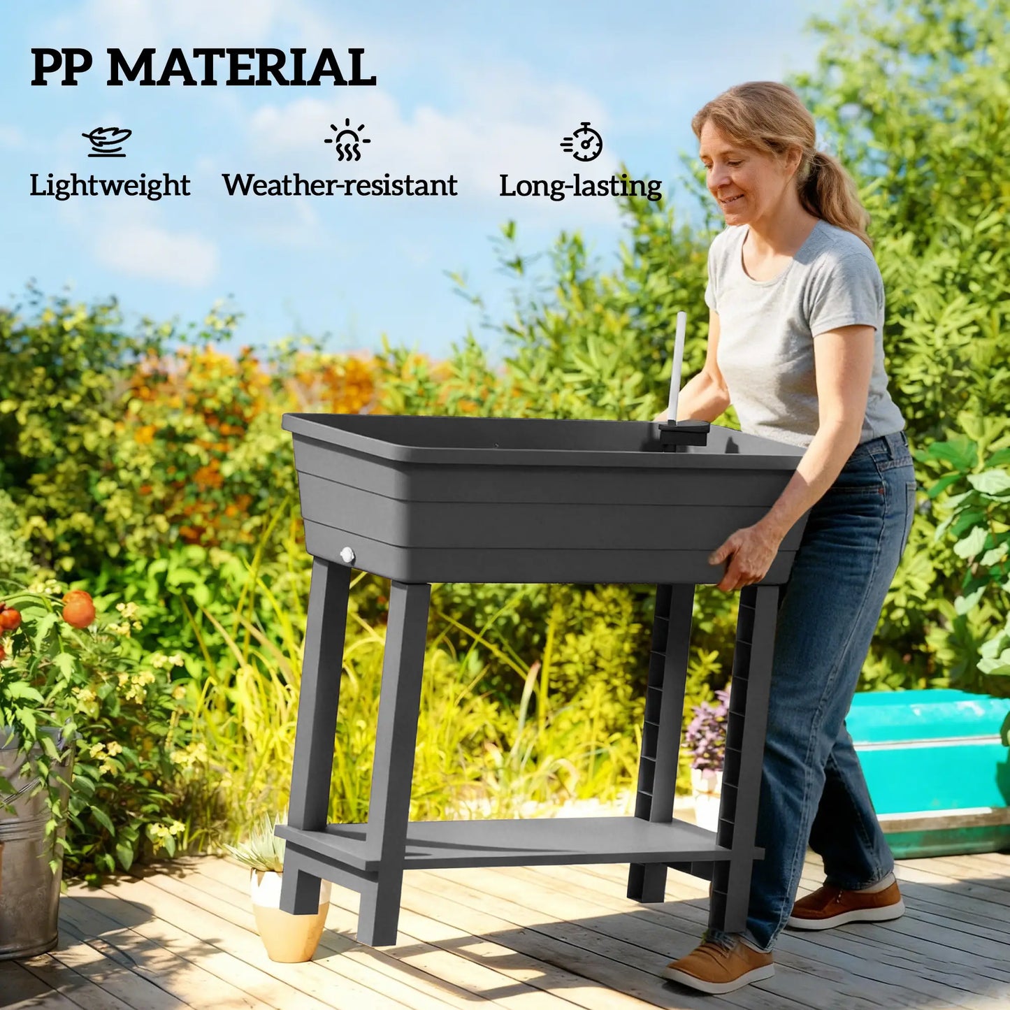 41L Self Watering Raised Garden Bed, Transparent Lid, Storage Shelf, Black