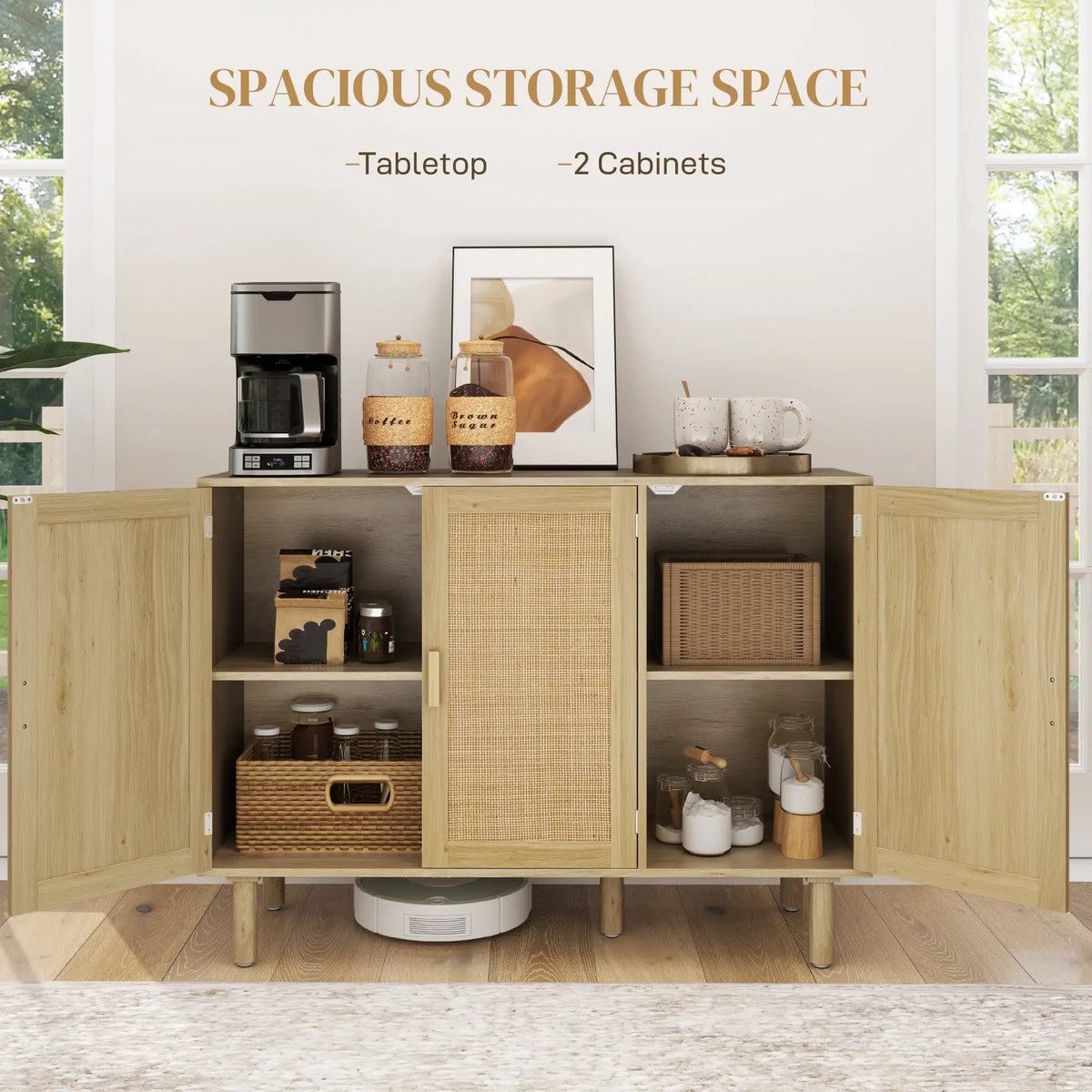 Bohemian Sideboard, 46.9" Buffet Cabinet, 3 Rattan Doors, Shelves, Oak Storage Cabinets at Gallery Canada