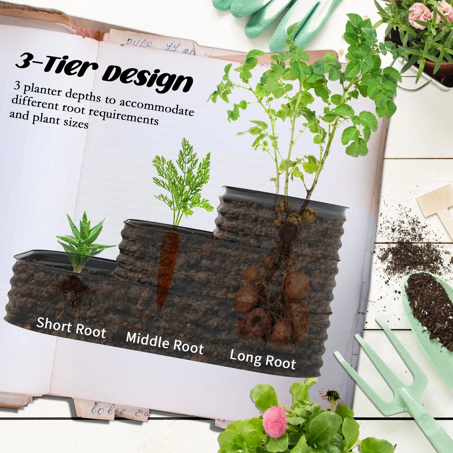 5.2'x3.6'x2.7' Outdoor Raised Garden Bed, 3-Tier Galvanized Planter Box, Grey Raised Garden Beds at Gallery Canada