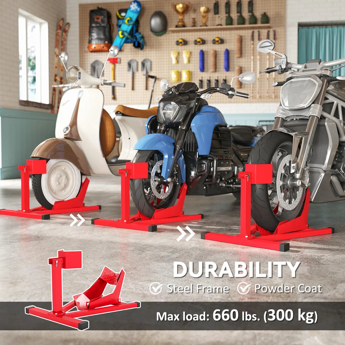 Motorcycle Wheel Chock, 660 lbs Capacity, Heavy Duty Steel, 14"-21" Wheels, Red Bike Parking Stands at Gallery Canada
