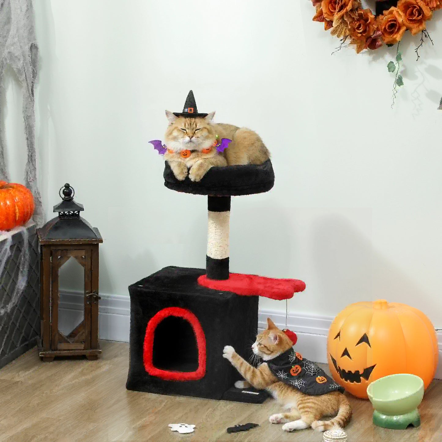 28" Gothic Cat Tree Tower, Plush Bed, Condo, Scratching Post, Red & Black Cat Posts at Gallery Canada