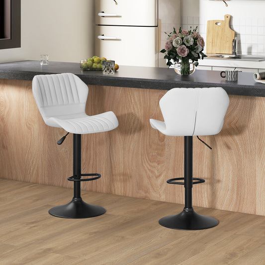 Shell Back Bar Stool Set of 2, PU Leather Adjustable Swivel Barstools with Chrome Base and Footrest for Kitchen Counter, Pub, White - Gallery Canada