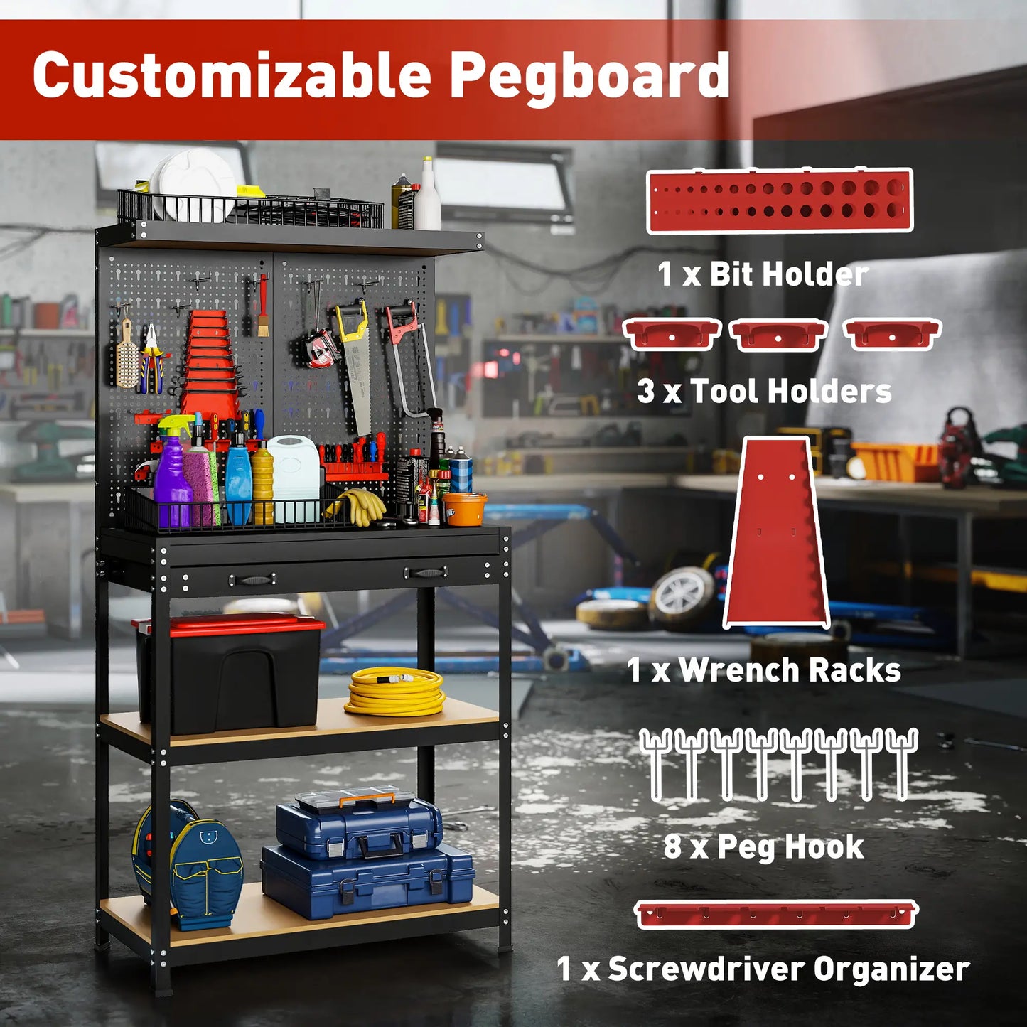 31.5 Inch Workbench with Pegboard, 2 Shelves, Drawer, Black Tool Organizers at Gallery Canada