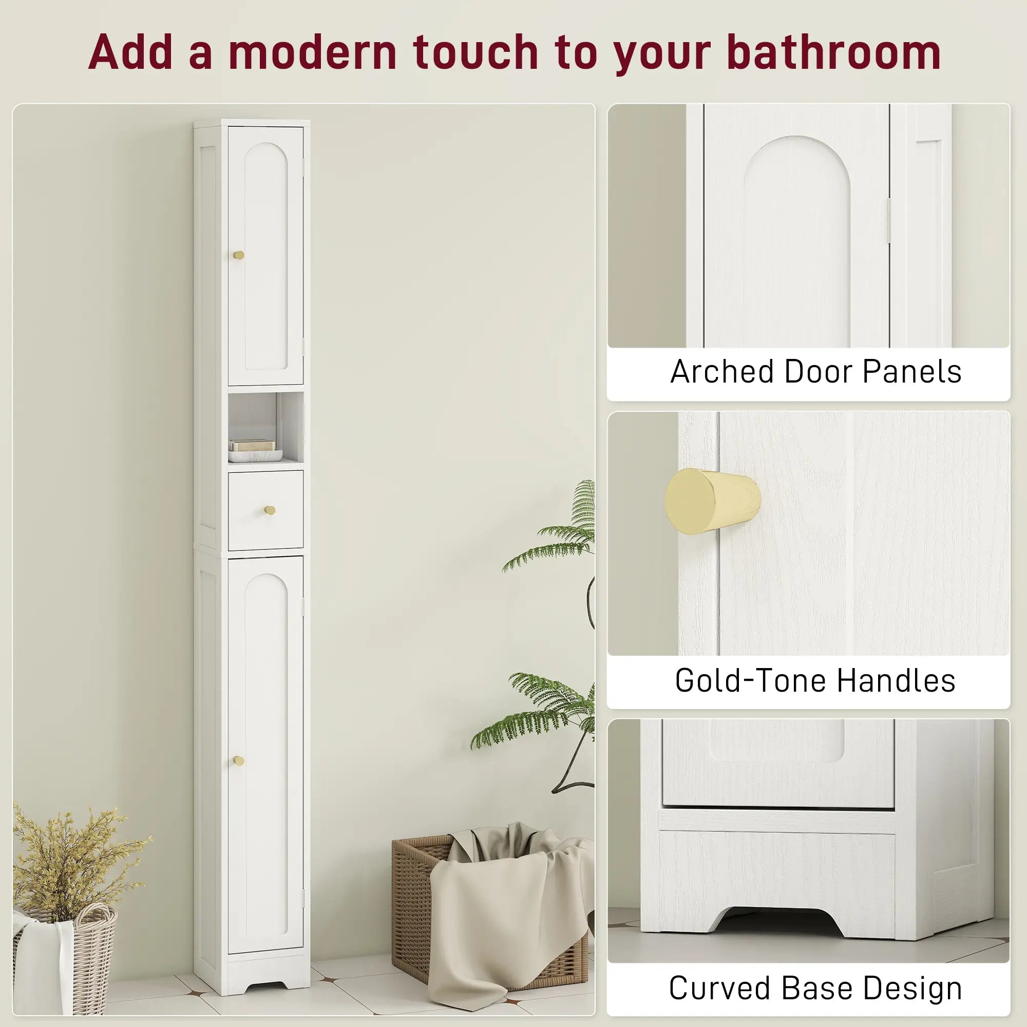 Tall Bathroom Cabinet, Modern Slim Storage, Arched Doors, White Freestanding Bathroom Cabinets at Gallery Canada